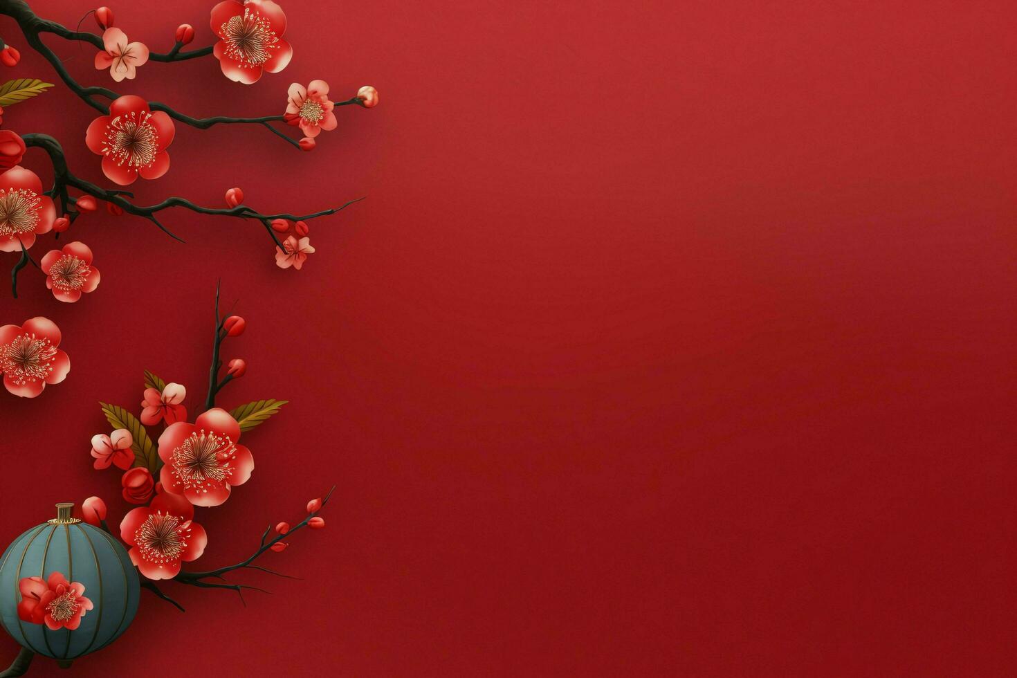 Chinese new year background with traditional lanterns, sakura flowers and copy space. Lunar new year concept by AI Generated photo