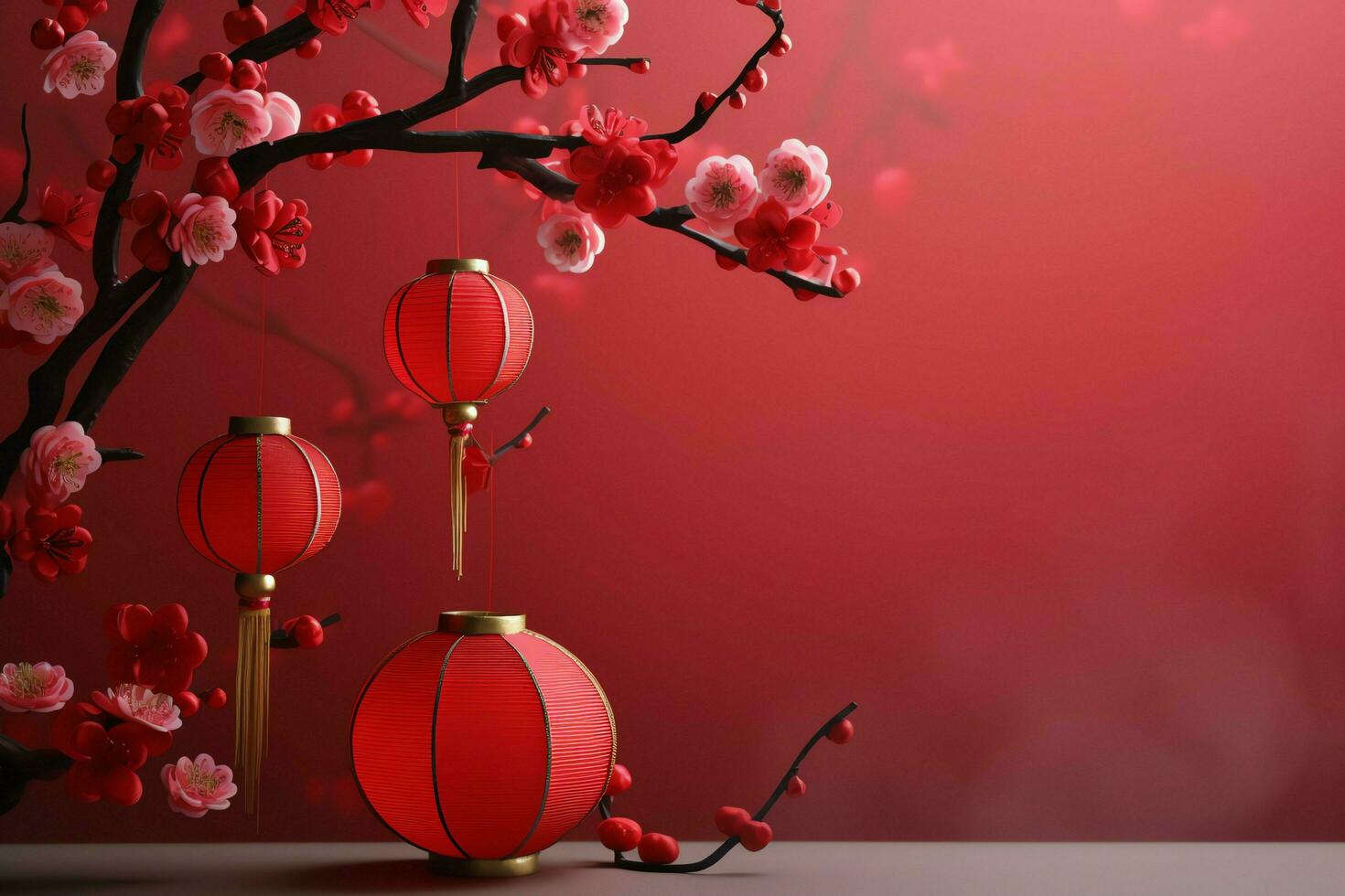 Chinese new year background with traditional lanterns, sakura flowers and copy space. Lunar new year concept by AI Generated photo