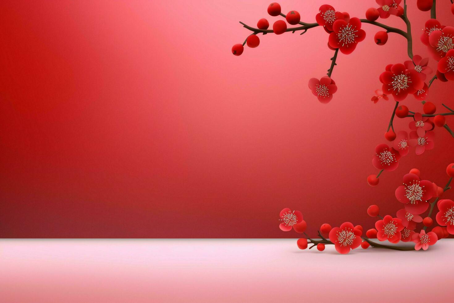 Chinese new year background with traditional lanterns, sakura flowers and copy space. Lunar new year concept by AI Generated photo