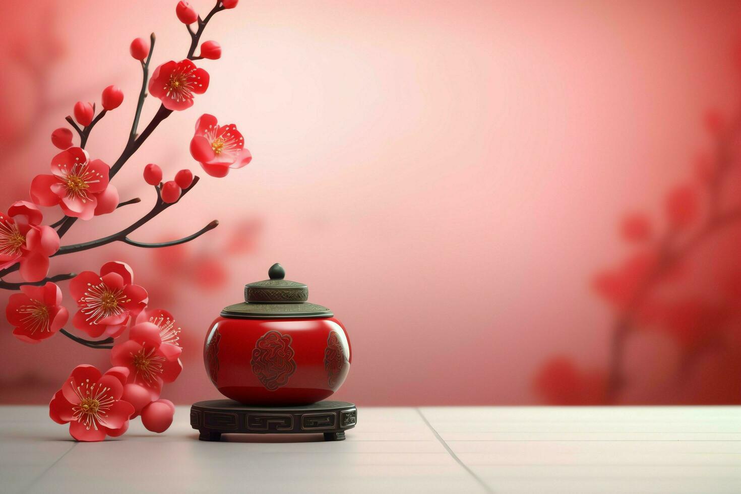 Chinese new year background with traditional lanterns, sakura flowers and copy space. Lunar new year concept by AI Generated photo