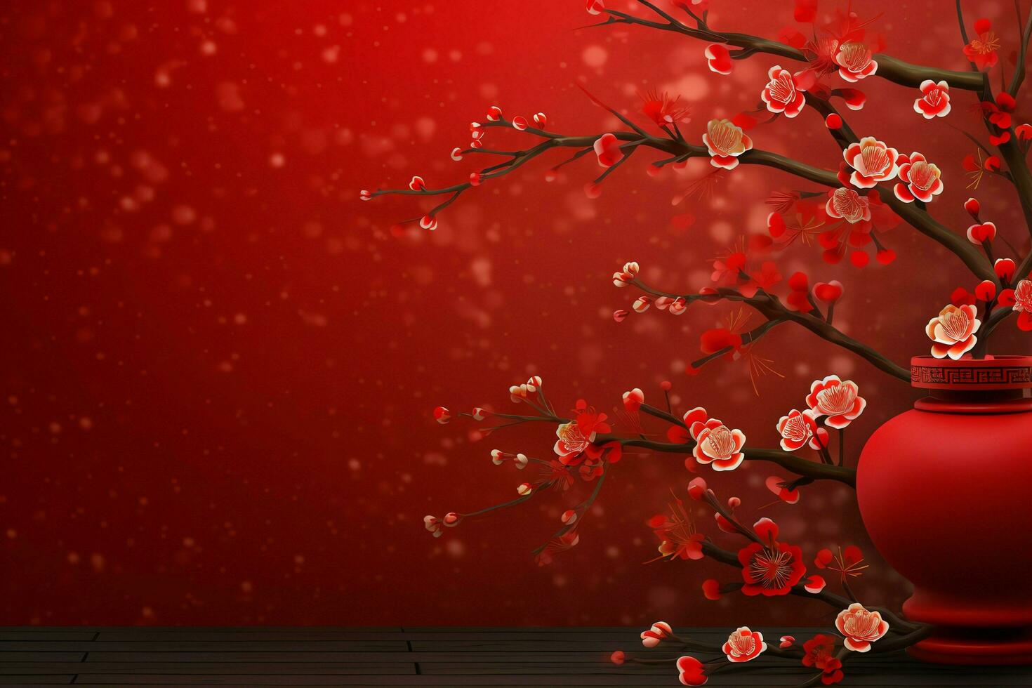 Chinese new year background with traditional lanterns, sakura flowers and copy space. Lunar new year concept by AI Generated photo