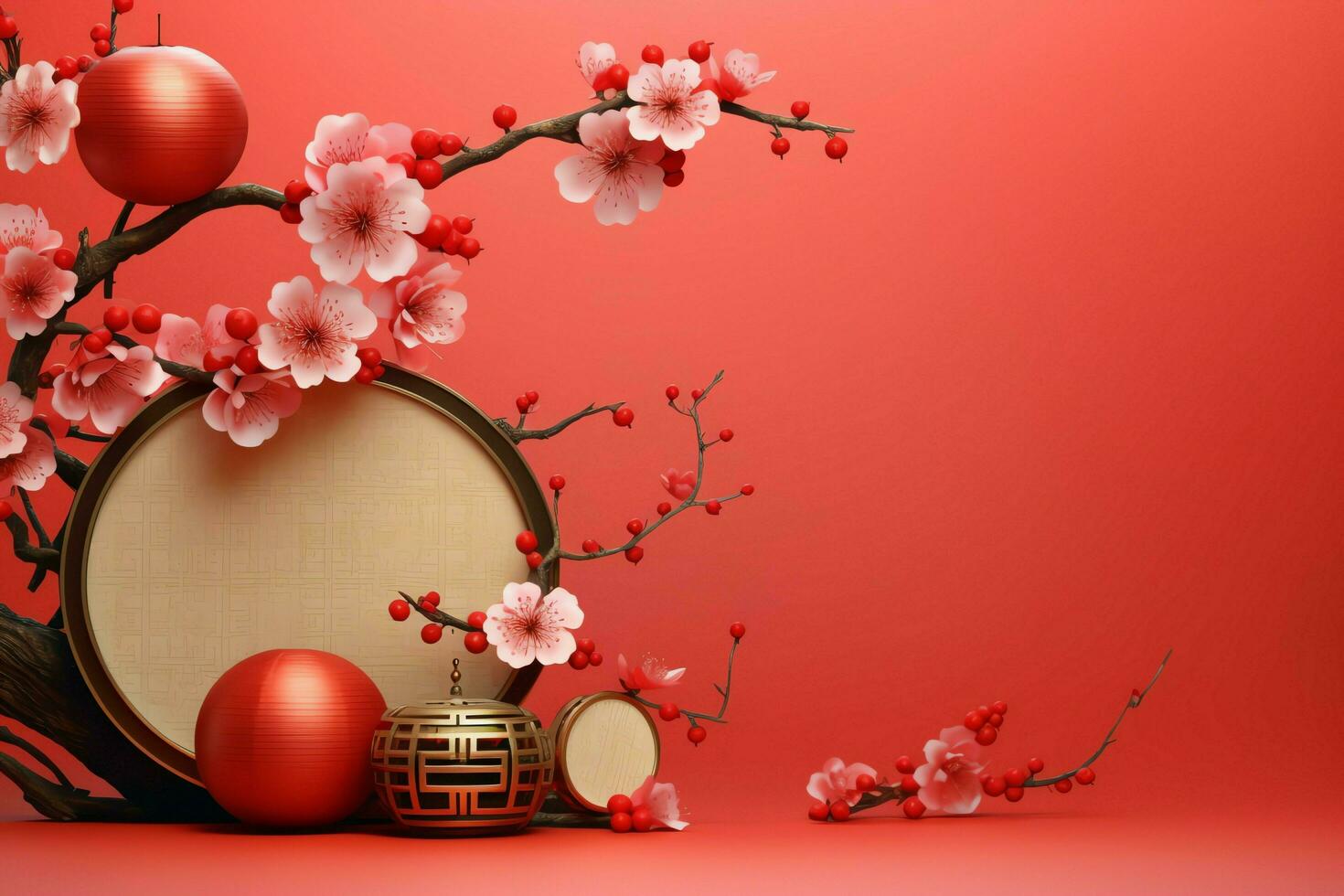 Chinese new year background with traditional lanterns, sakura flowers and copy space. Lunar new year concept by AI Generated photo