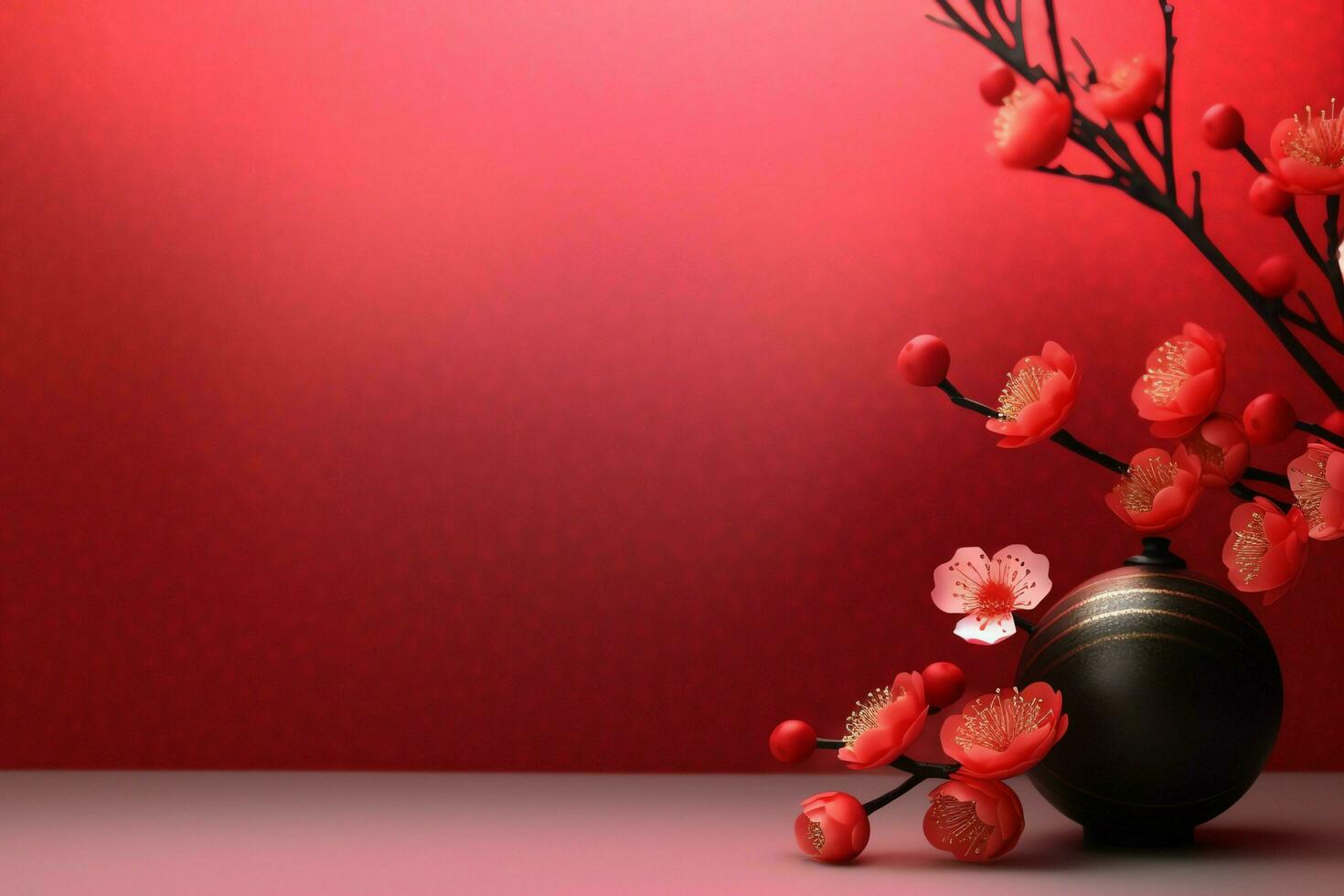 Chinese new year background with traditional lanterns, sakura flowers and copy space. Lunar new year concept by AI Generated photo
