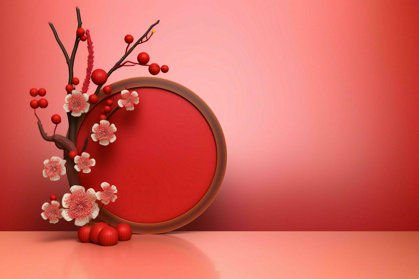 Chinese new year background with traditional lanterns, sakura flowers and copy space. Lunar new year concept by AI Generated photo