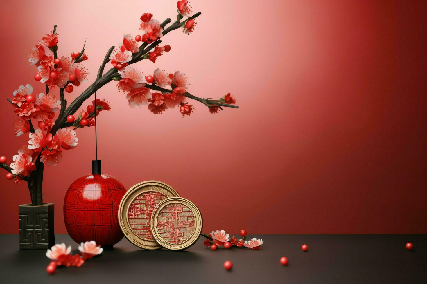 Chinese new year background with traditional lanterns, sakura flowers and copy space. Lunar new year concept by AI Generated photo