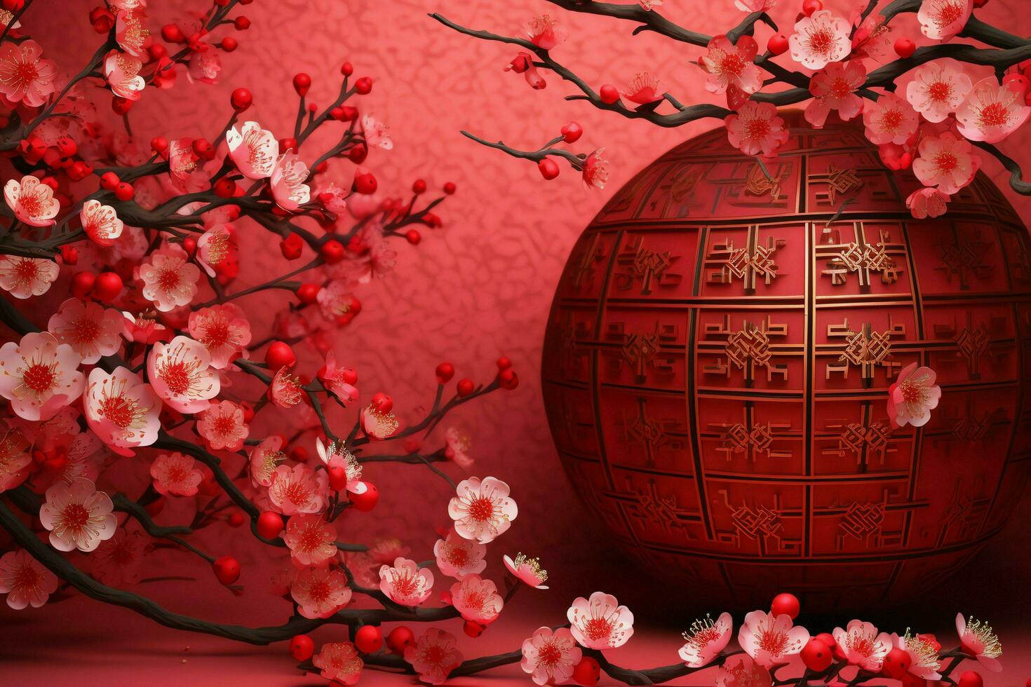 Chinese new year background with traditional lanterns, sakura flowers and copy space. Lunar new year concept by AI Generated photo