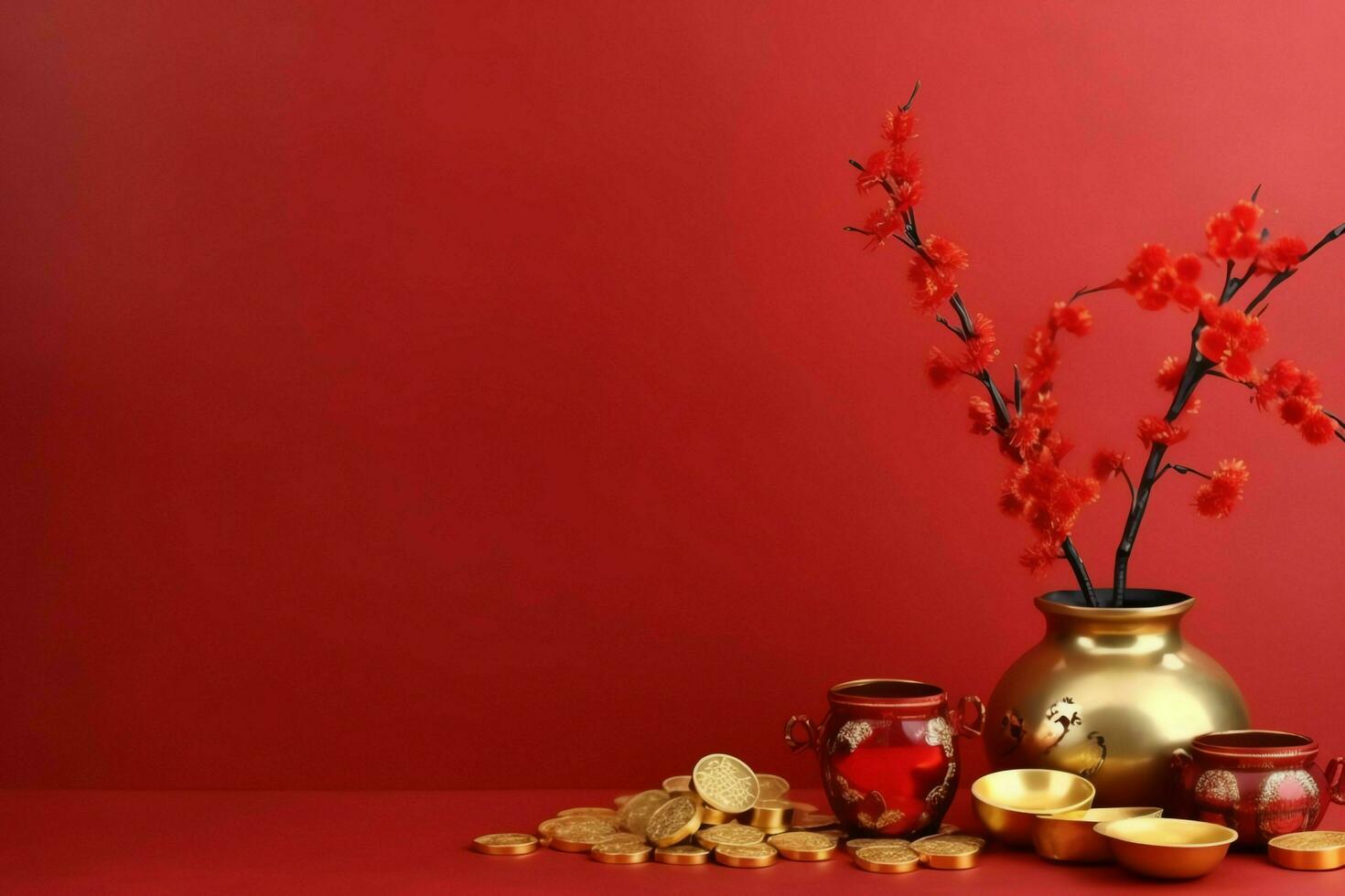 Chinese new year background with traditional lanterns, sakura flowers and copy space. Lunar new year concept by AI Generated photo
