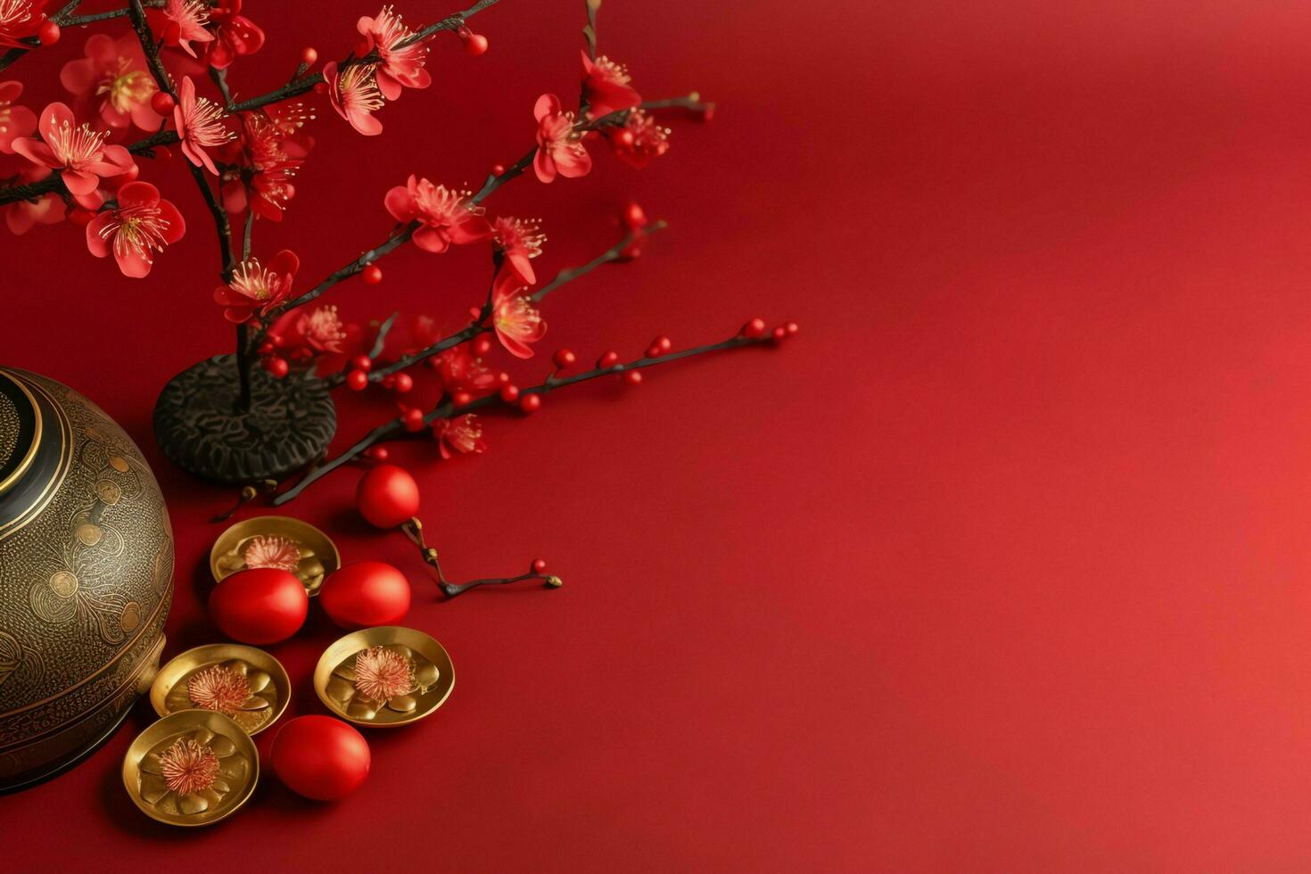 Chinese new year background with traditional lanterns, sakura flowers and copy space. Lunar new year concept by AI Generated photo