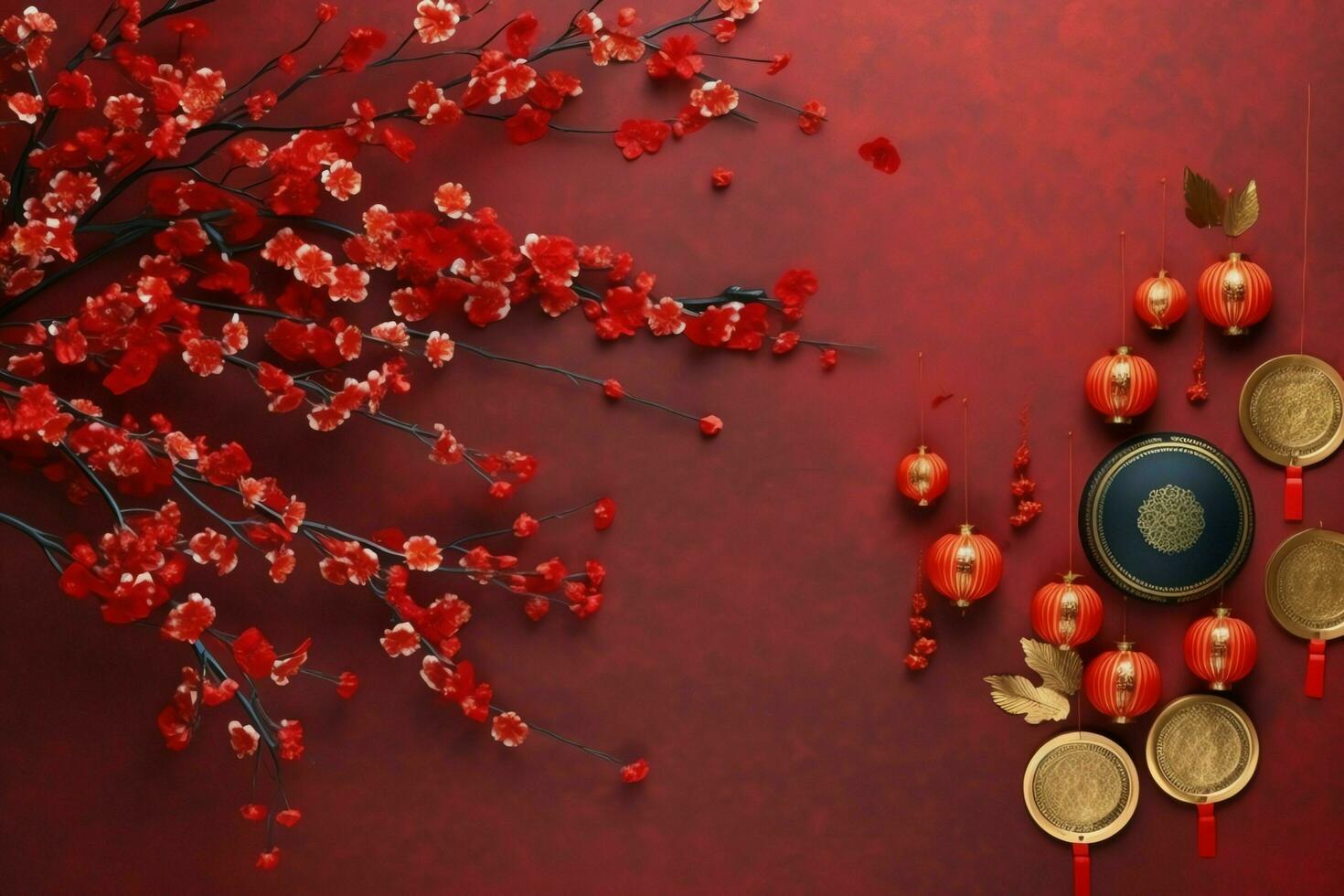 Chinese new year background with traditional lanterns, sakura flowers and copy space. Lunar new year concept by AI Generated photo