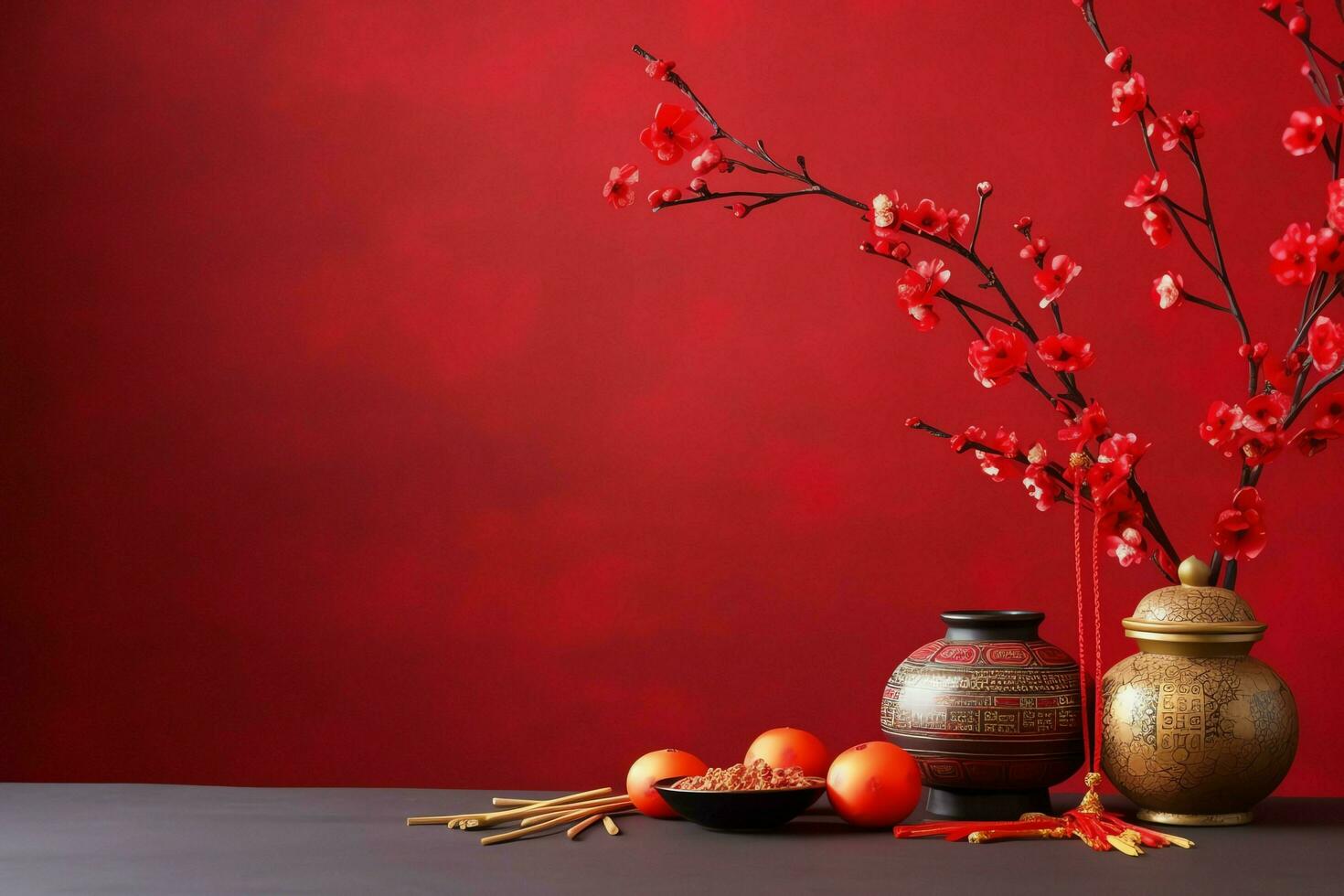 Chinese new year background with traditional lanterns, sakura flowers and copy space. Lunar new year concept by AI Generated photo