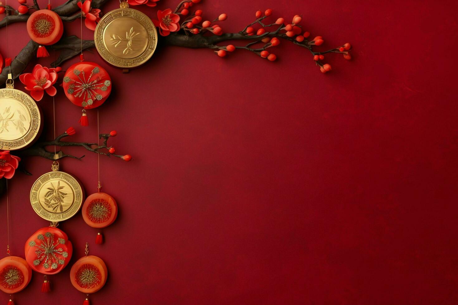 Chinese new year background with traditional lanterns, sakura flowers and copy space. Lunar new year concept by AI Generated photo