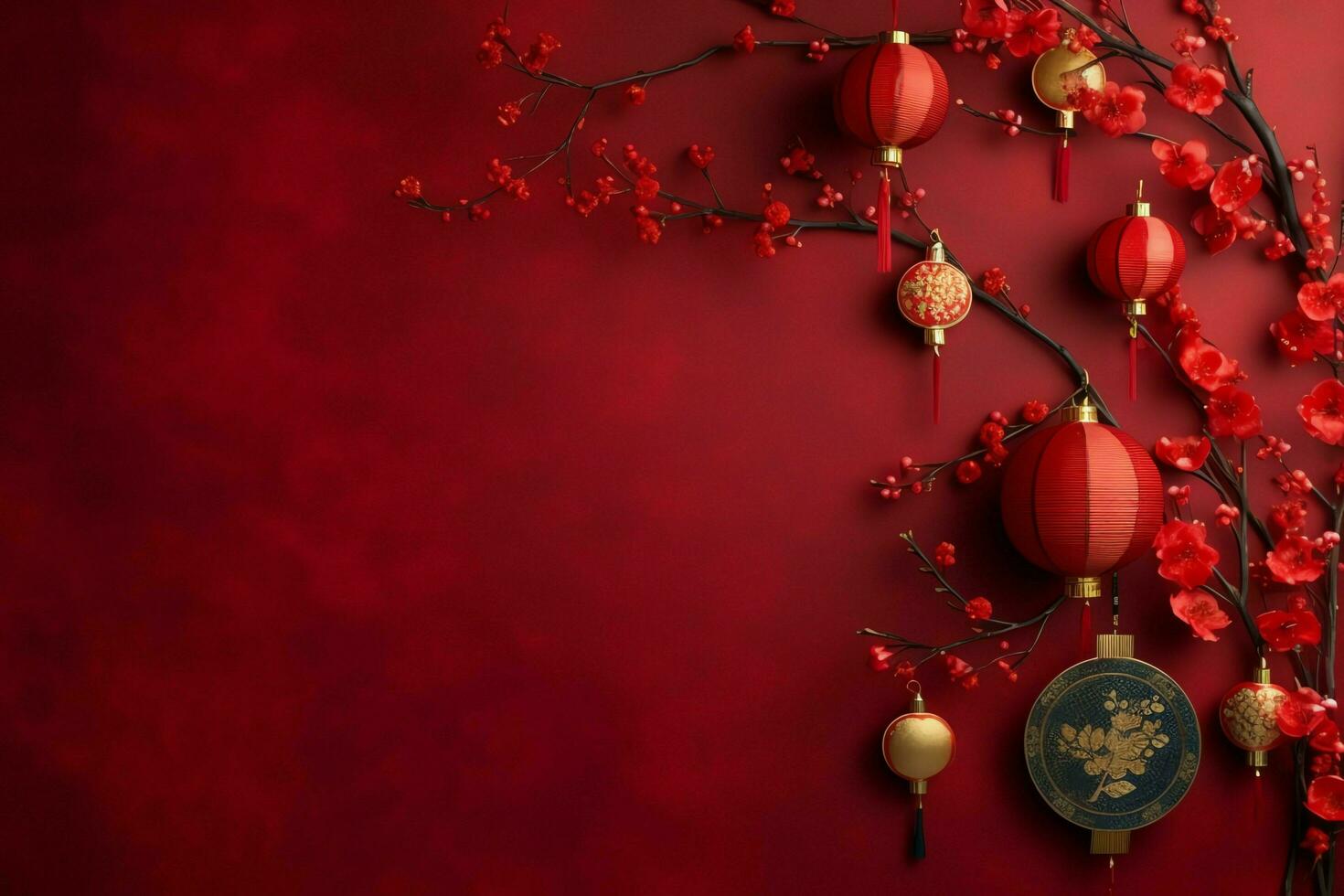 Chinese new year background with traditional lanterns, sakura flowers and copy space. Lunar new year concept by AI Generated photo