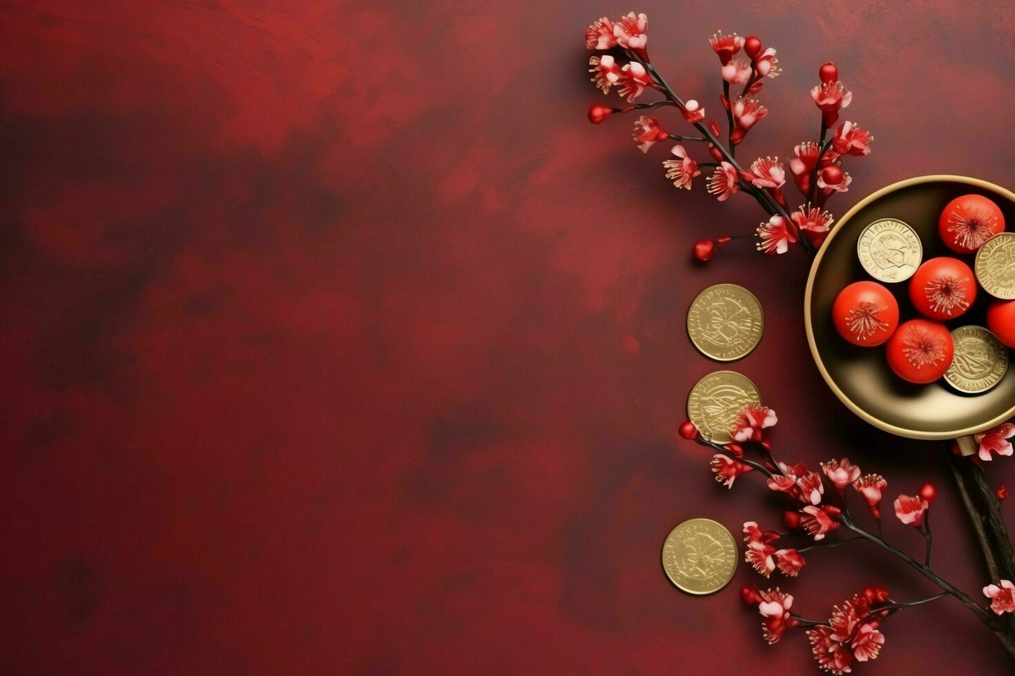 Chinese new year background with traditional lanterns, sakura flowers and copy space. Lunar new year concept by AI Generated photo