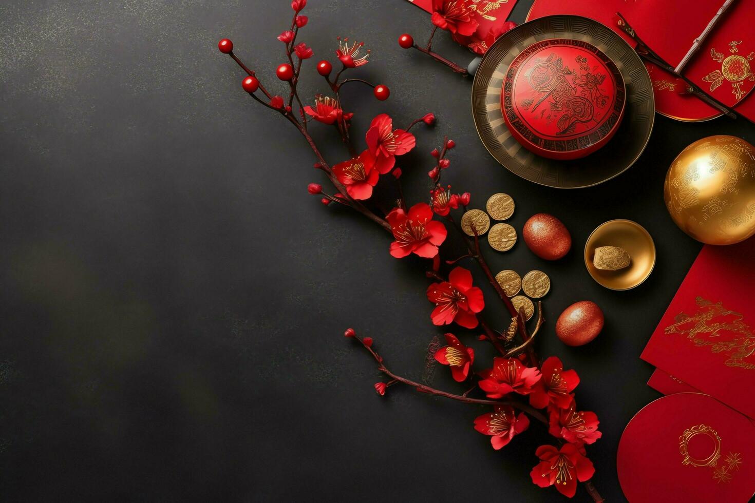 Chinese new year background with traditional lanterns, sakura flowers and copy space. Lunar new year concept by AI Generated photo