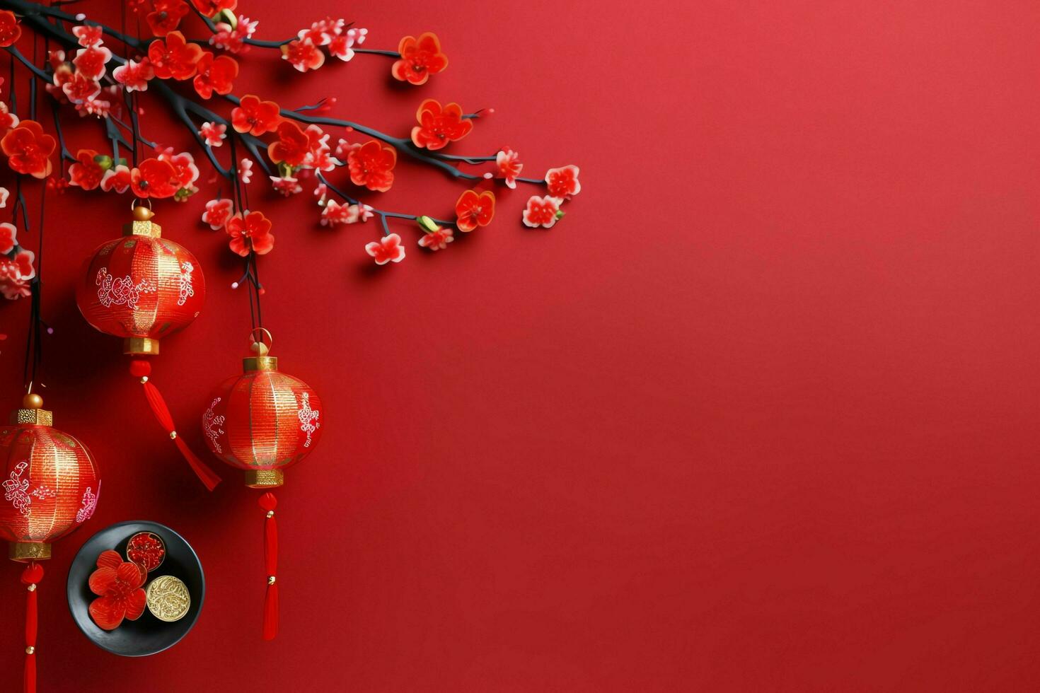 Chinese new year background with traditional lanterns, sakura flowers and copy space. Lunar new year concept by AI Generated photo