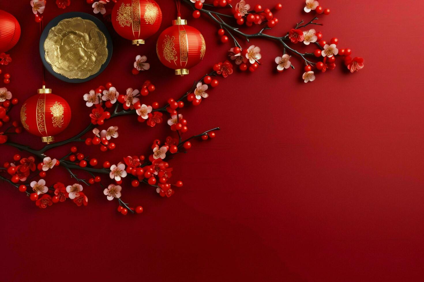 Chinese new year background with traditional lanterns, sakura flowers and copy space. Lunar new year concept by AI Generated photo