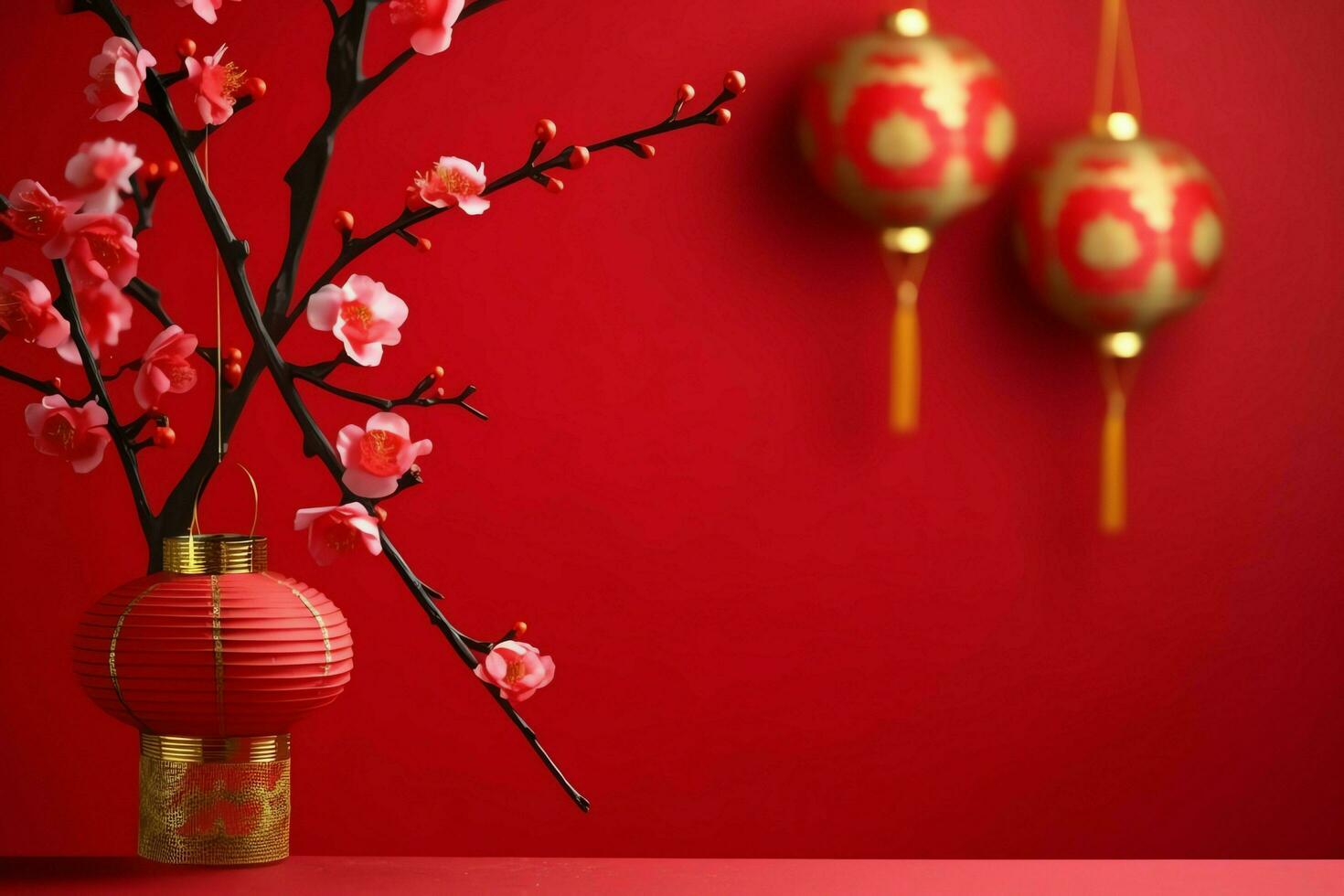 Chinese new year background with traditional lanterns, sakura flowers and copy space. Lunar new year concept by AI Generated photo