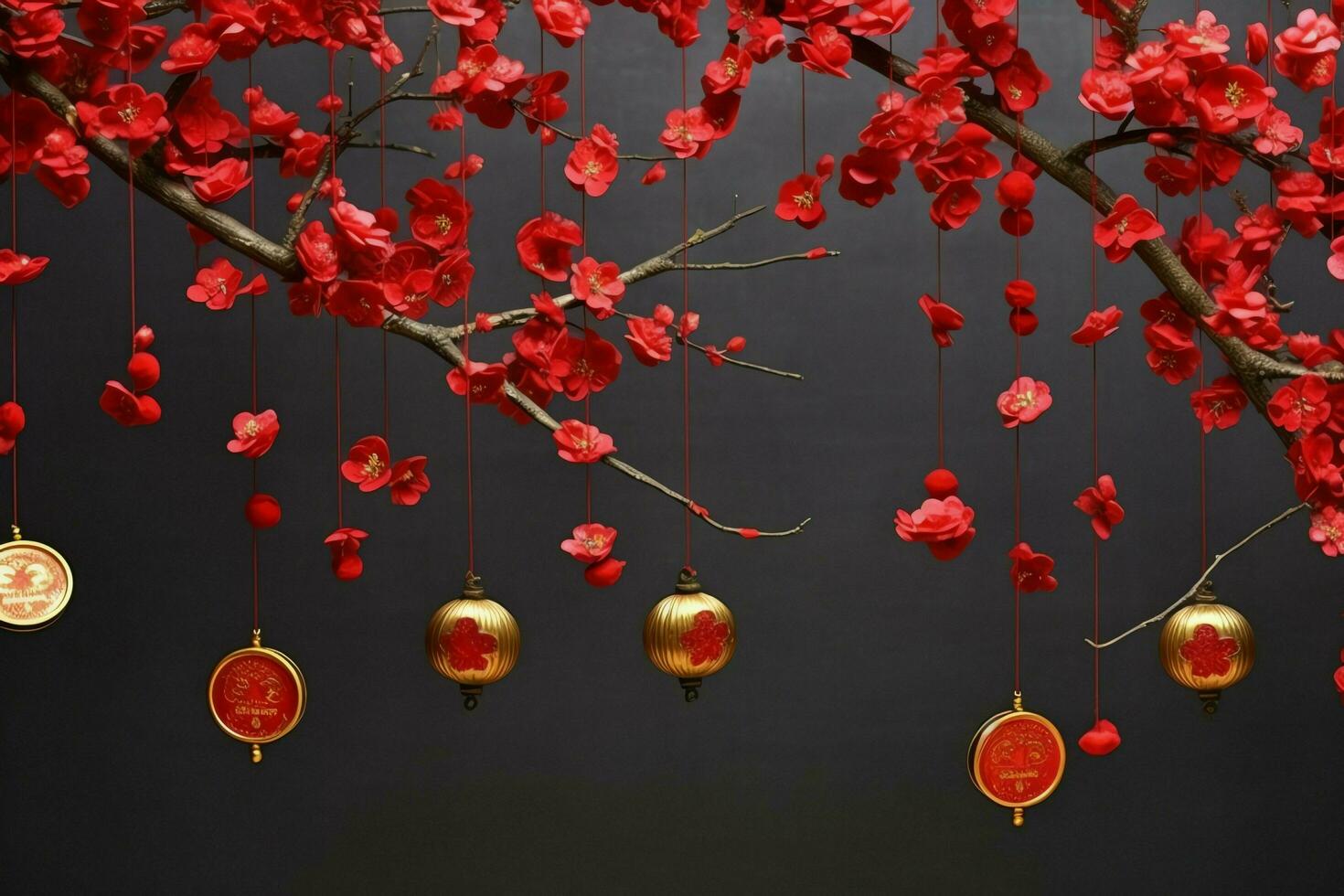 Chinese new year background with traditional lanterns, sakura flowers and copy space. Lunar new year concept by AI Generated photo