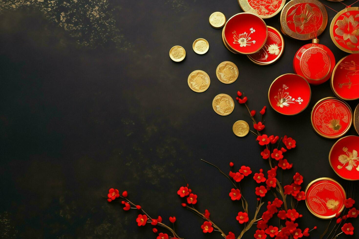 Chinese new year background with traditional lanterns, sakura flowers and copy space. Lunar new year concept by AI Generated photo