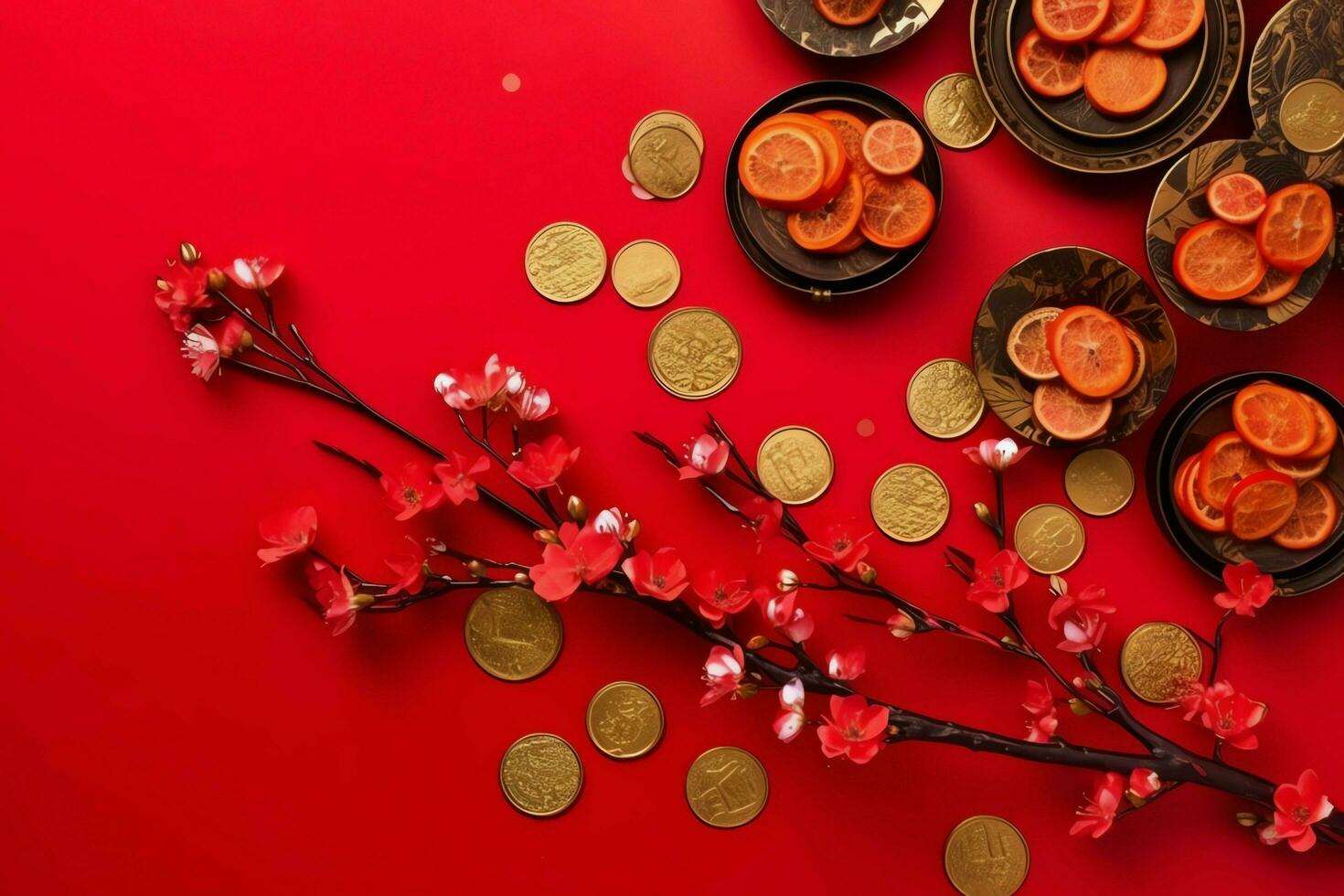 Chinese new year background with traditional lanterns, sakura flowers and copy space. Lunar new year concept by AI Generated photo