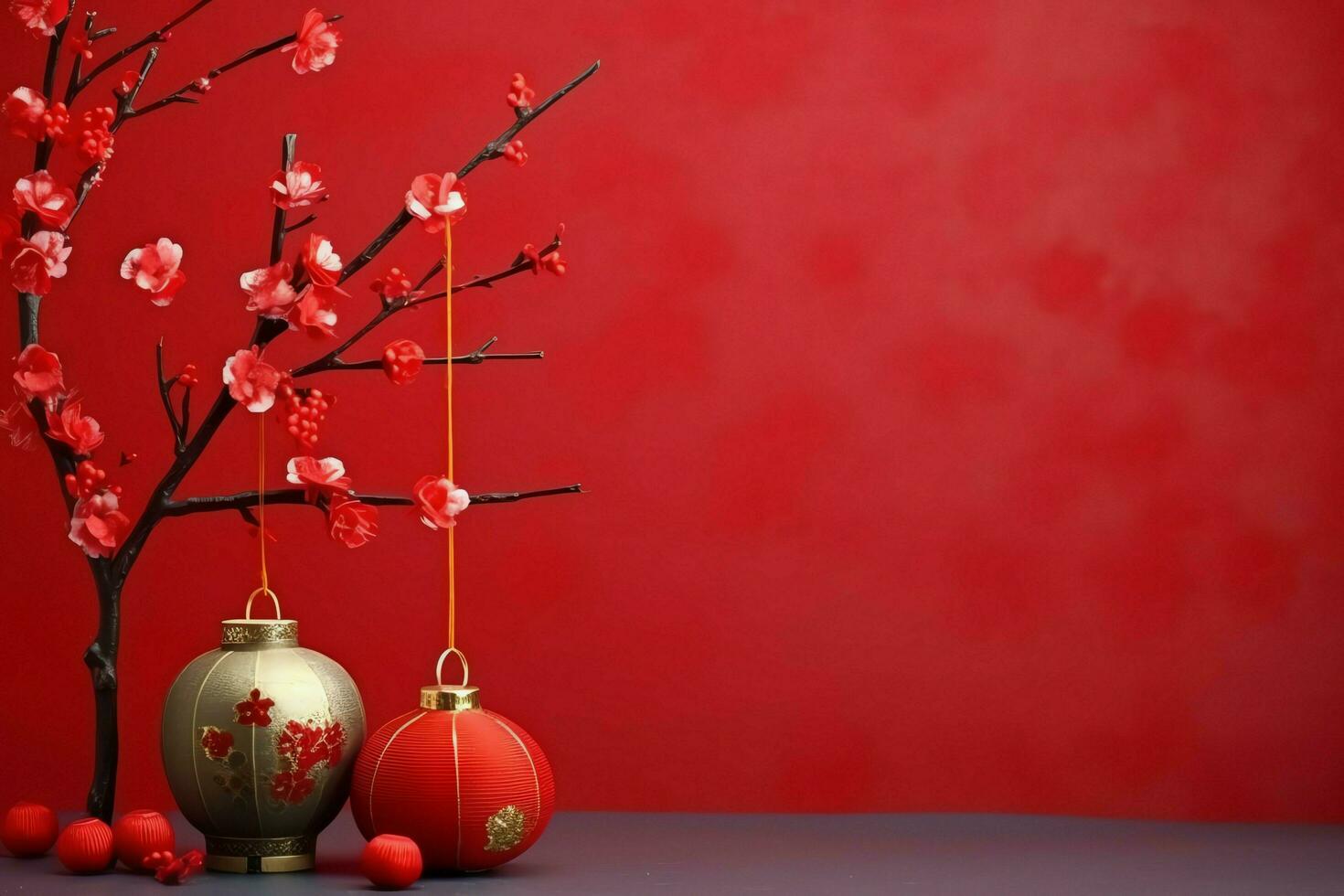Chinese new year background with traditional lanterns, sakura flowers and copy space. Lunar new year concept by AI Generated photo