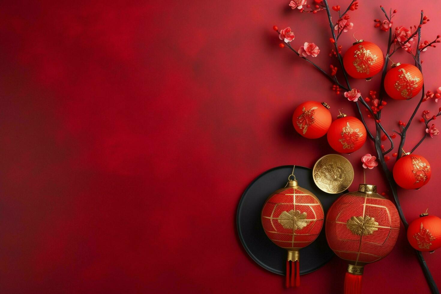 Chinese new year background with traditional lanterns, sakura flowers and copy space. Lunar new year concept by AI Generated photo