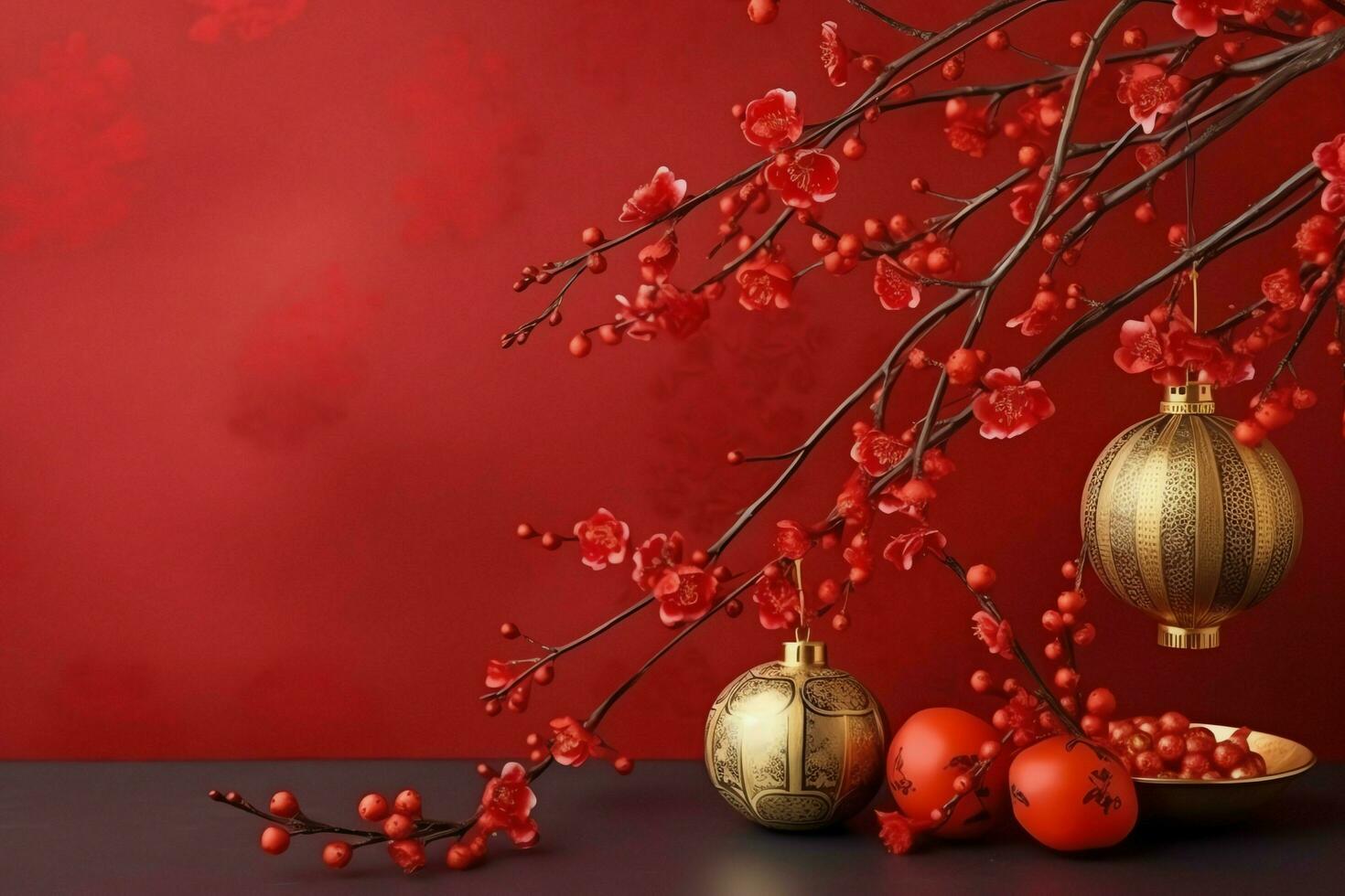 Chinese new year background with traditional lanterns, sakura flowers and copy space. Lunar new year concept by AI Generated photo