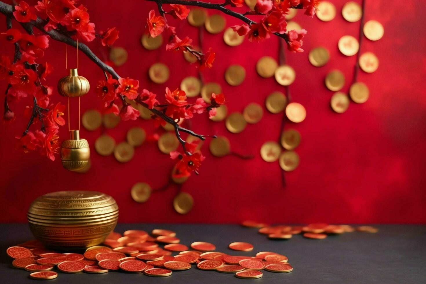 Chinese new year background with traditional lanterns, sakura flowers and copy space. Lunar new year concept by AI Generated photo