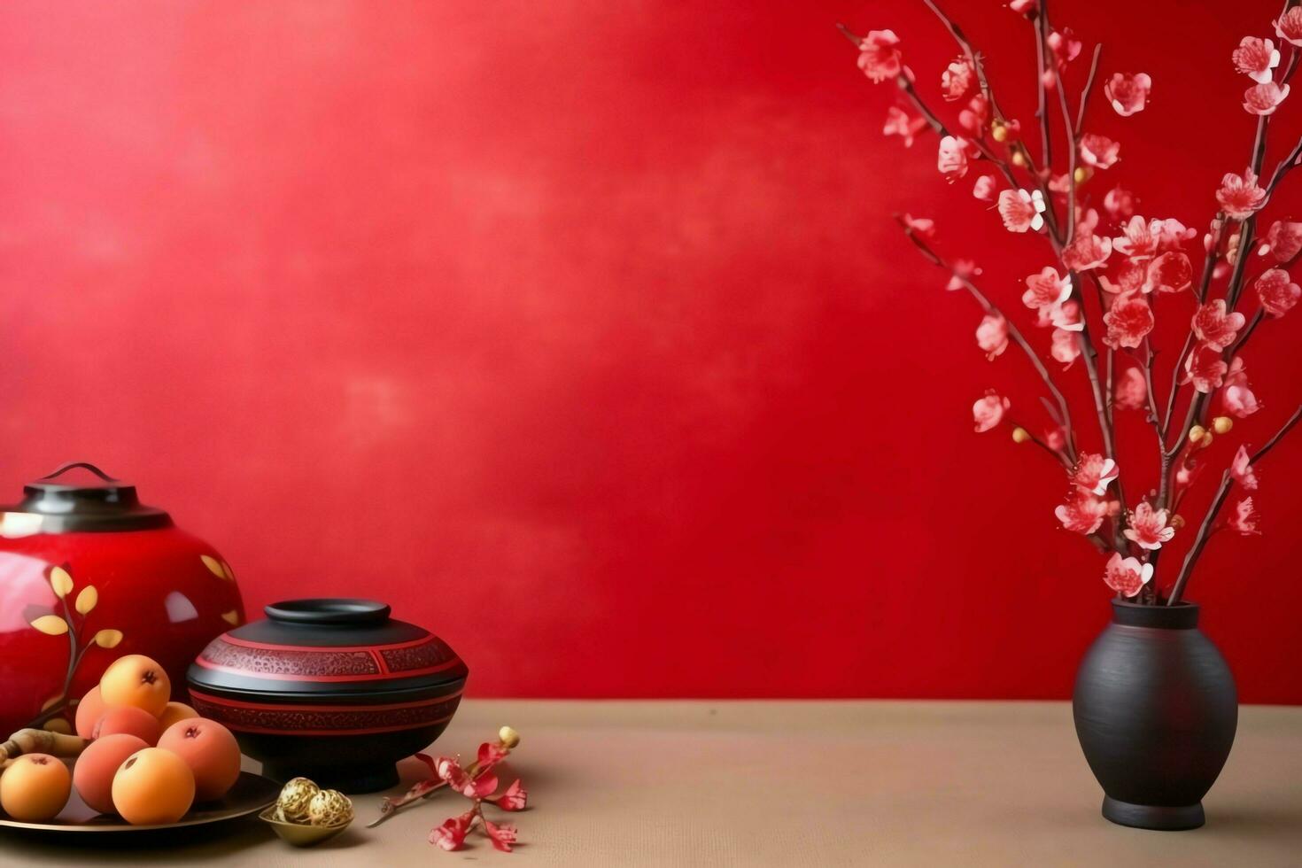 Chinese new year background with traditional lanterns, sakura flowers and copy space. Lunar new year concept by AI Generated photo