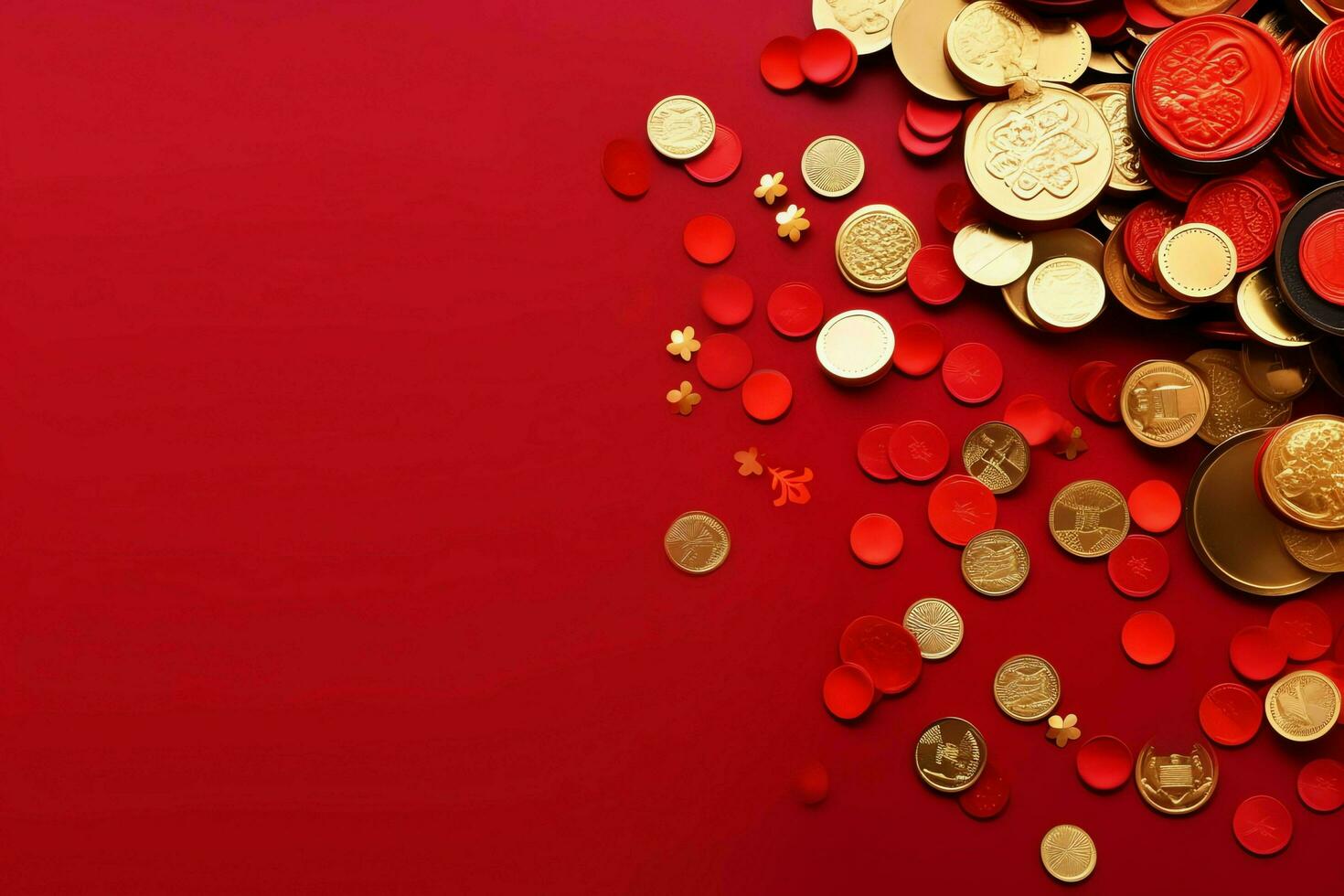 Chinese new year background with traditional lanterns, sakura flowers and copy space. Lunar new year concept by AI Generated photo