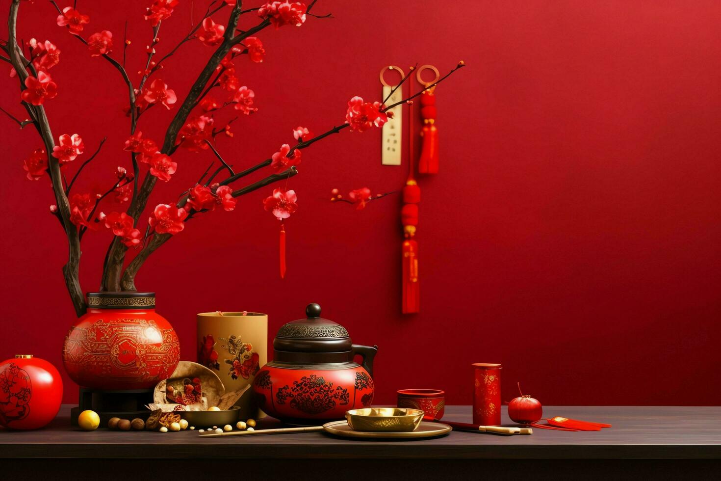 Chinese new year background with traditional lanterns, sakura flowers and copy space. Lunar new year concept by AI Generated photo