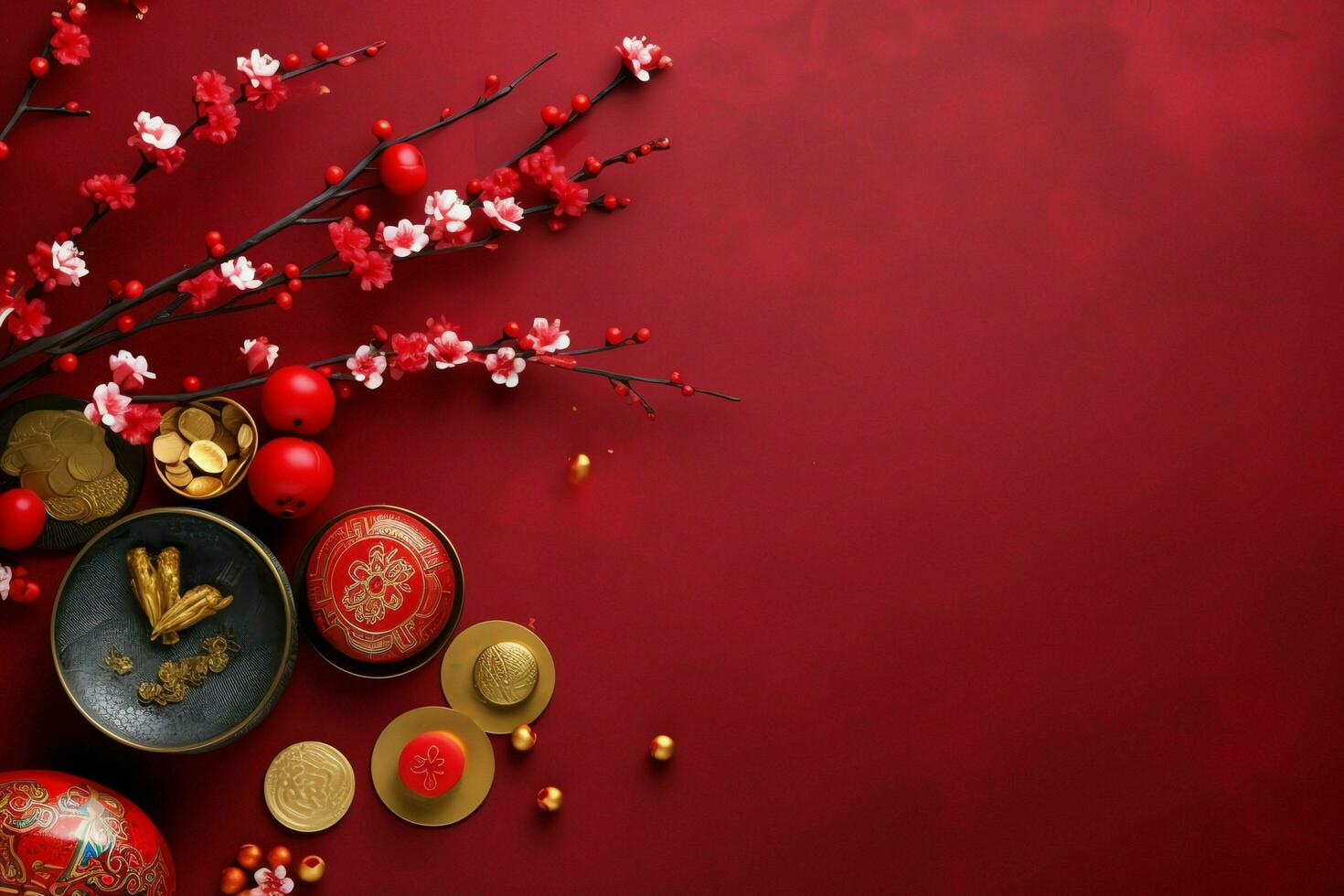 Chinese new year background with traditional lanterns, sakura flowers and copy space. Lunar new year concept by AI Generated photo