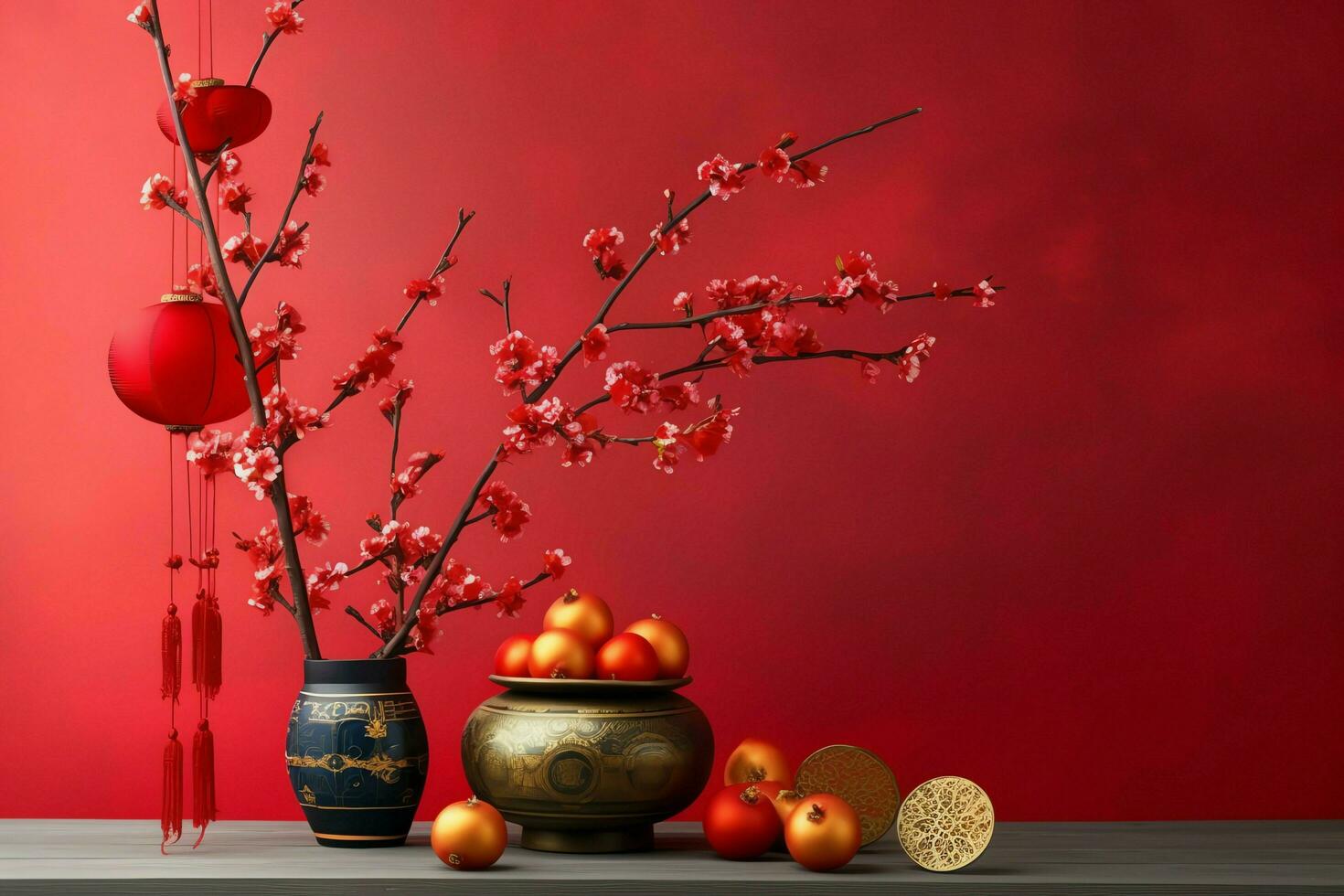 Chinese new year background with traditional lanterns, sakura flowers and copy space. Lunar new year concept by AI Generated photo