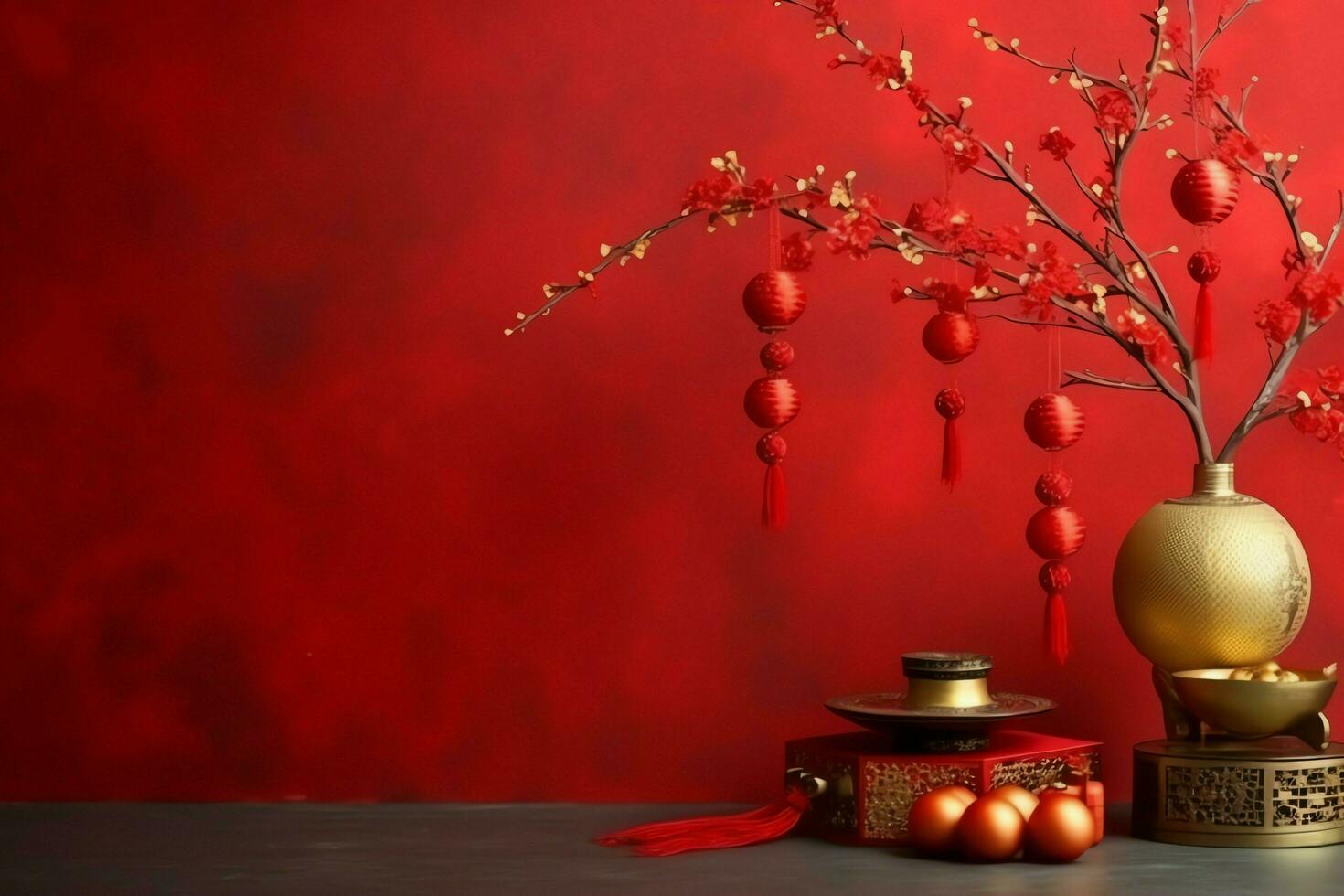 Chinese new year background with traditional lanterns, sakura flowers and copy space. Lunar new year concept by AI Generated photo