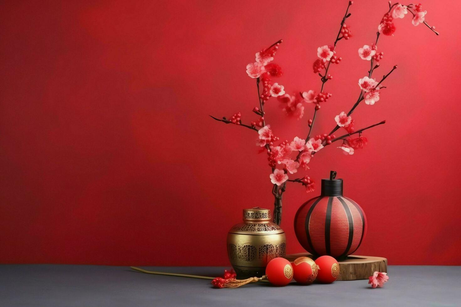 Chinese new year background with traditional lanterns, sakura flowers and copy space. Lunar new year concept by AI Generated photo