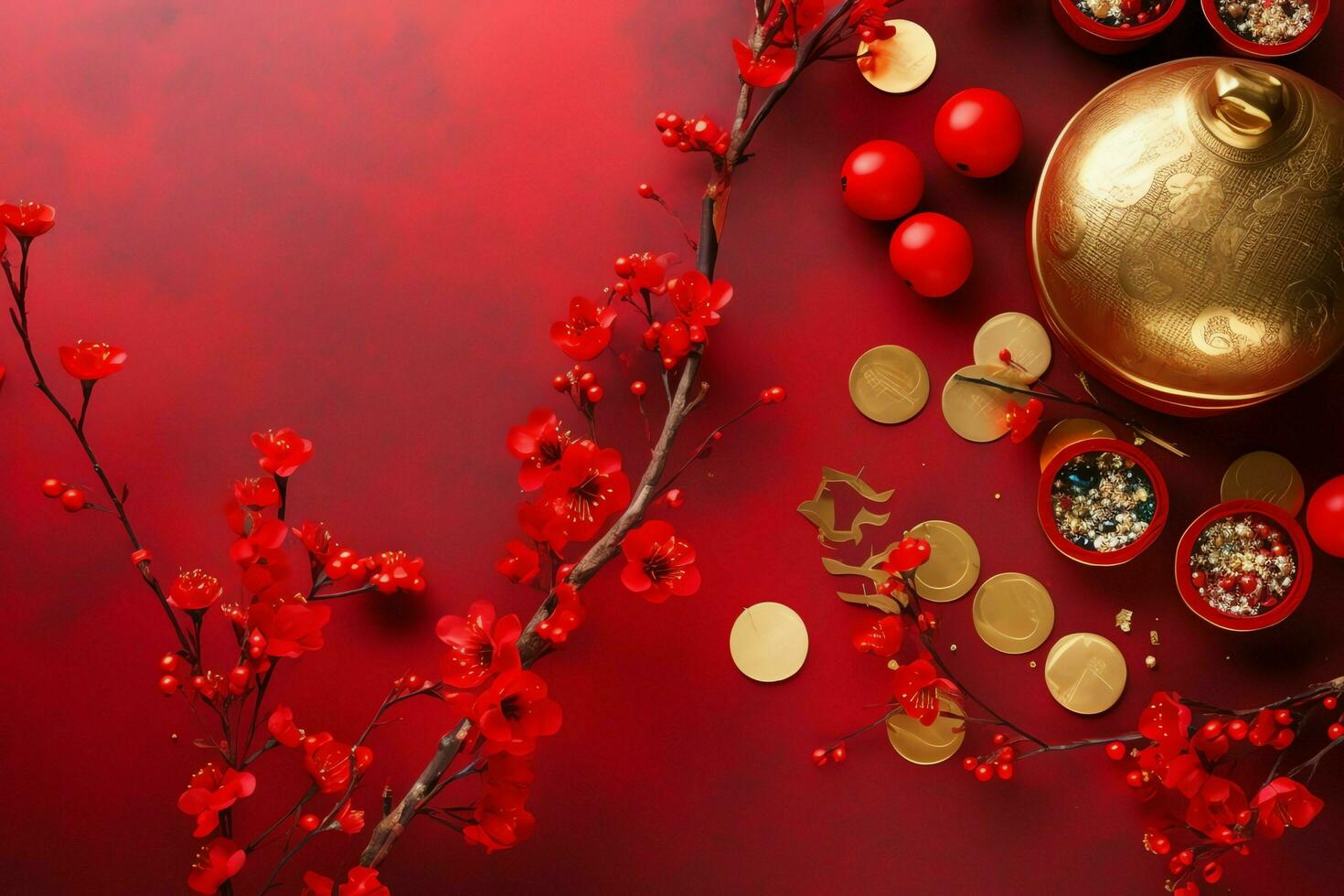 Chinese new year background with traditional lanterns, sakura flowers and copy space. Lunar new year concept by AI Generated photo