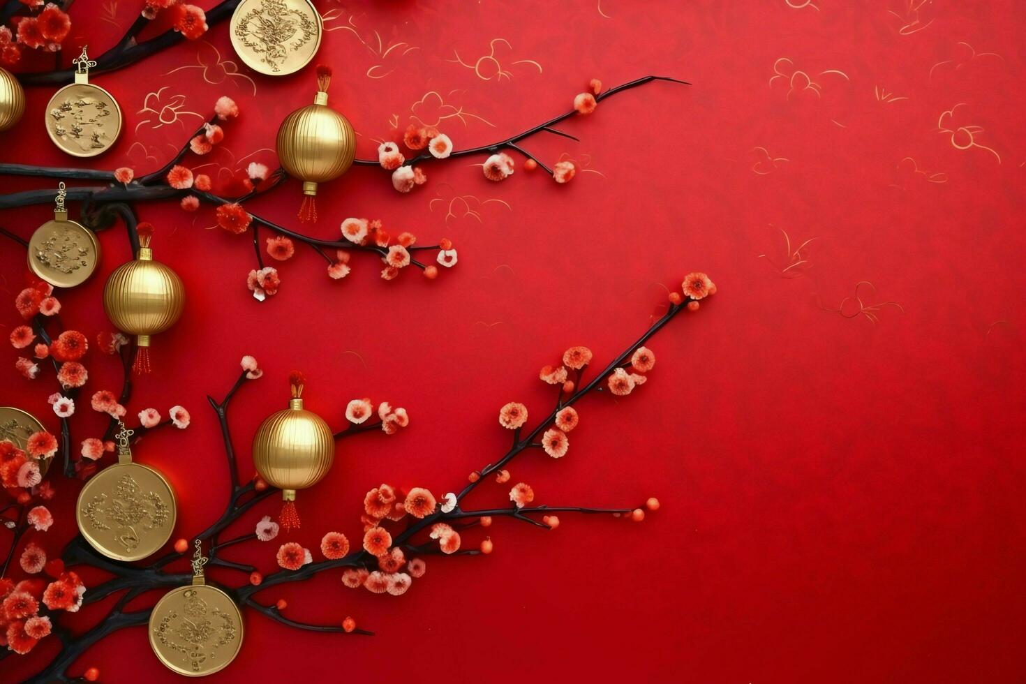 Chinese new year background with traditional lanterns, sakura flowers and copy space. Lunar new year concept by AI Generated photo