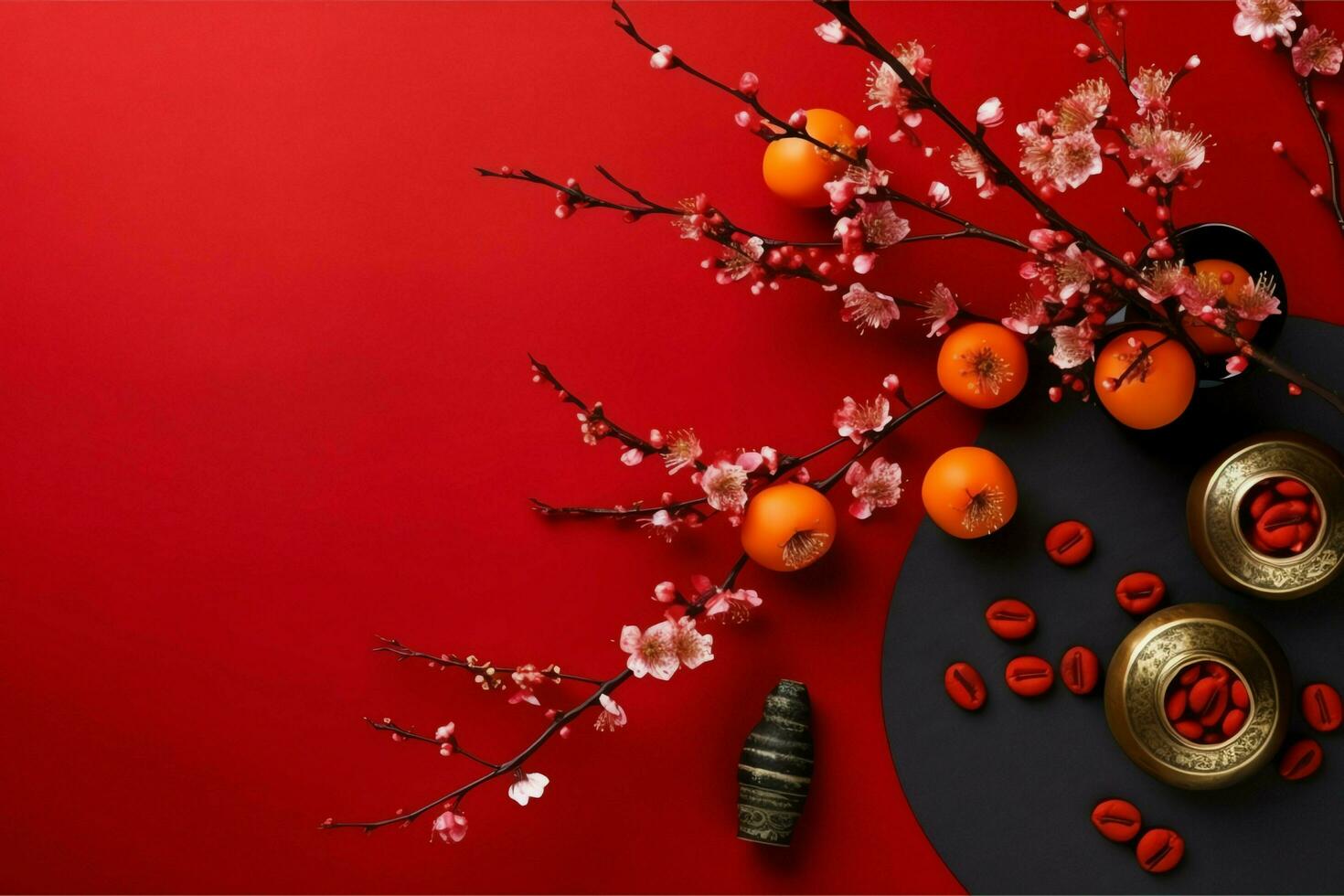 Chinese new year background with traditional lanterns, sakura flowers and copy space. Lunar new year concept by AI Generated photo