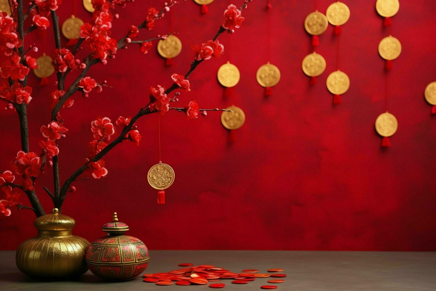 Chinese new year background with traditional lanterns, sakura flowers and copy space. Lunar new year concept by AI Generated photo