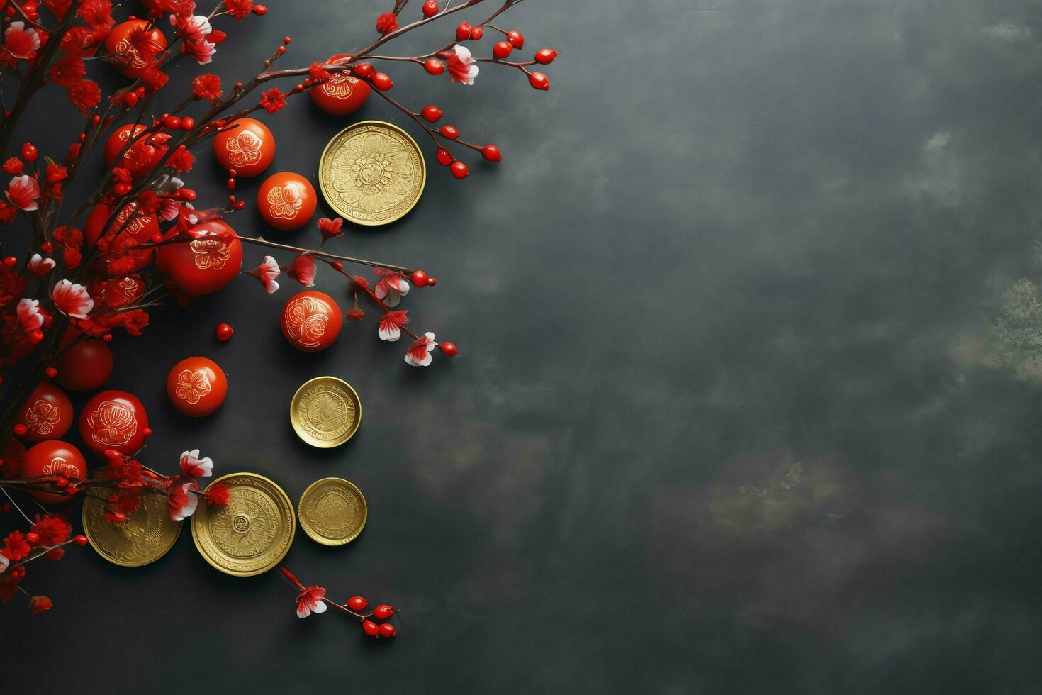 Chinese new year background with traditional lanterns, sakura flowers and copy space. Lunar new year concept by AI Generated photo