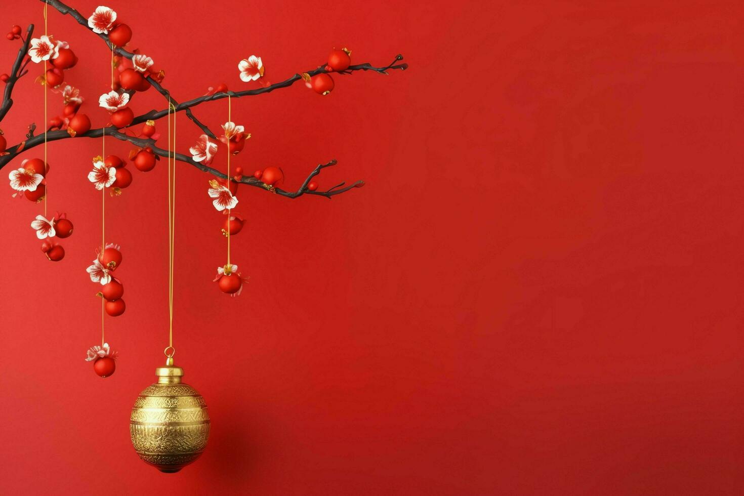 Chinese new year background with traditional lanterns, sakura flowers and copy space. Lunar new year concept by AI Generated photo