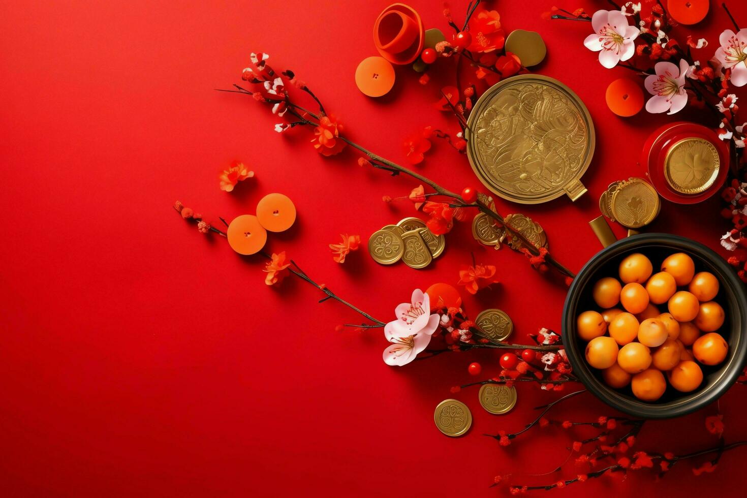 Chinese new year background with traditional lanterns, sakura flowers and copy space. Lunar new year concept by AI Generated photo