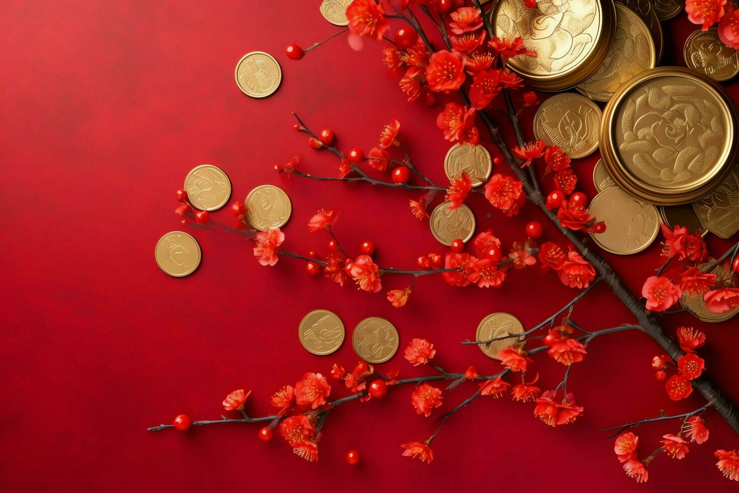 Chinese new year background with traditional lanterns, sakura flowers and copy space. Lunar new year concept by AI Generated photo
