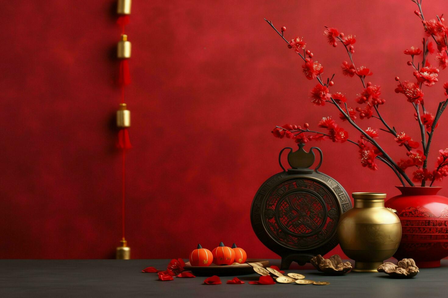 Chinese new year background with traditional lanterns, sakura flowers and copy space. Lunar new year concept by AI Generated photo