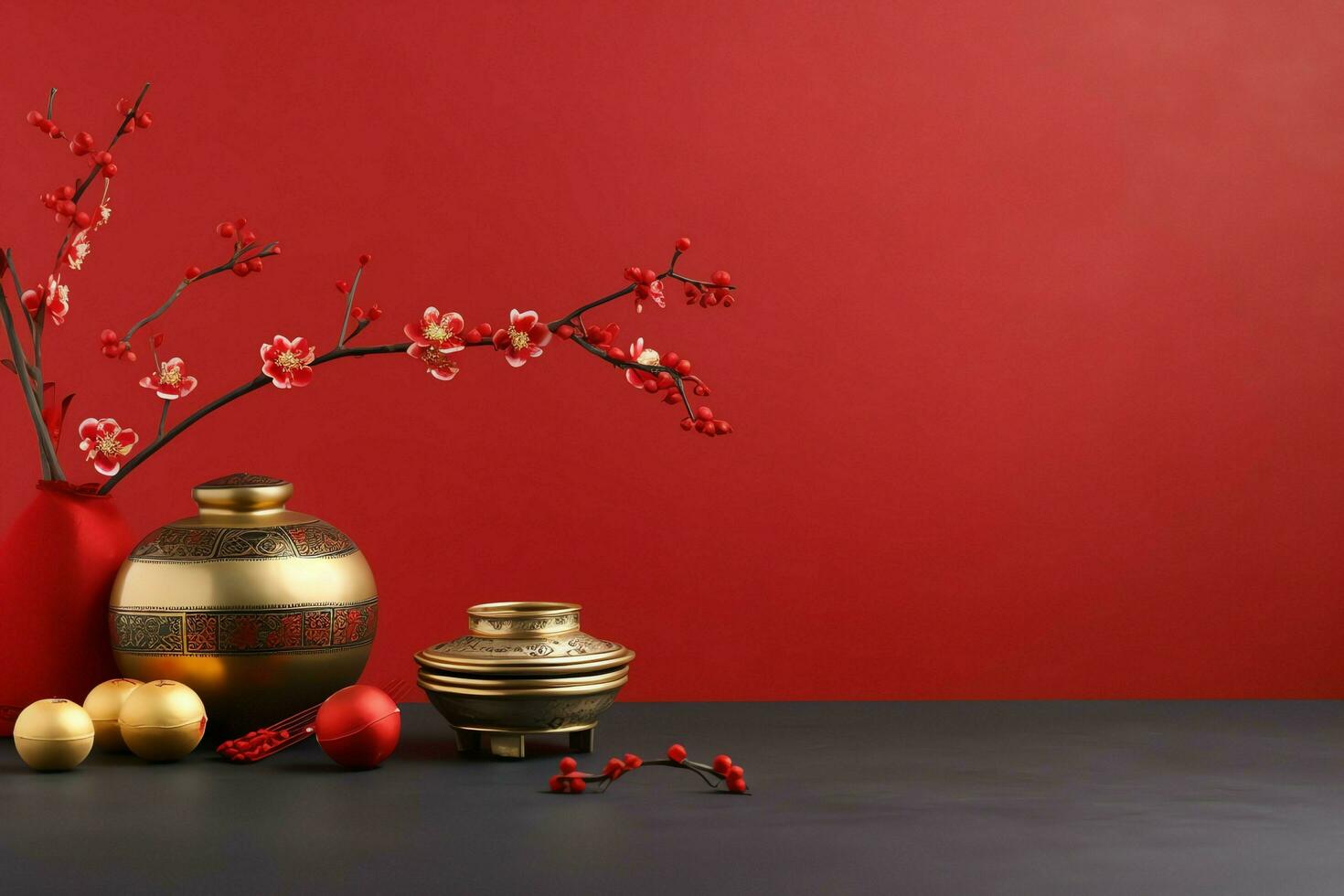 Chinese new year background with traditional lanterns, sakura flowers and copy space. Lunar new year concept by AI Generated photo