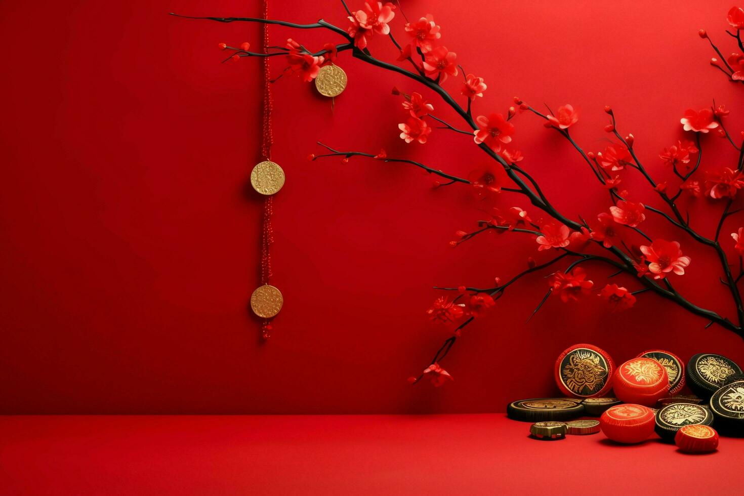 Chinese new year background with traditional lanterns, sakura flowers and copy space. Lunar new year concept by AI Generated photo