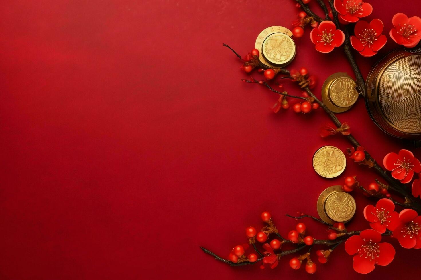 Chinese new year background with traditional lanterns, sakura flowers and copy space. Lunar new year concept by AI Generated photo