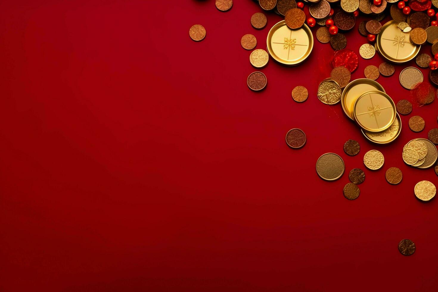 Chinese new year background with traditional lanterns, sakura flowers and copy space. Lunar new year concept by AI Generated photo