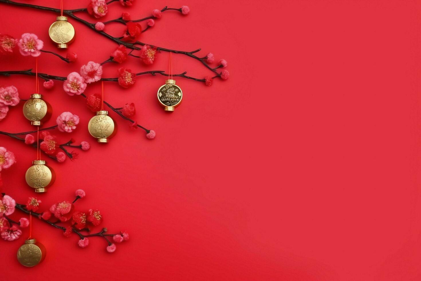 Chinese new year background with traditional lanterns, sakura flowers and copy space. Lunar new year concept by AI Generated photo