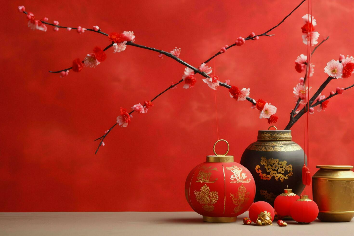 Chinese new year background with traditional lanterns, sakura flowers and copy space. Lunar new year concept by AI Generated photo